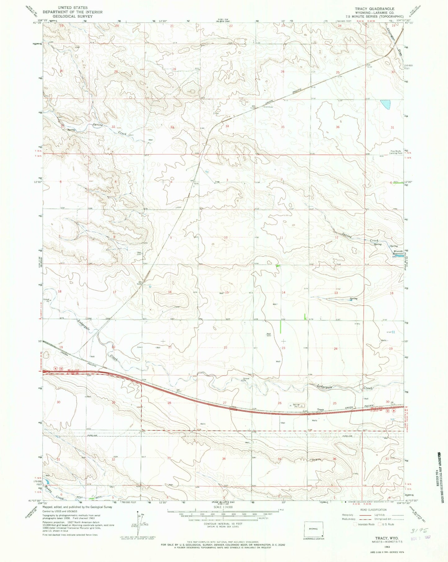 Classic USGS Tracy Wyoming 7.5'x7.5' Topo Map Image