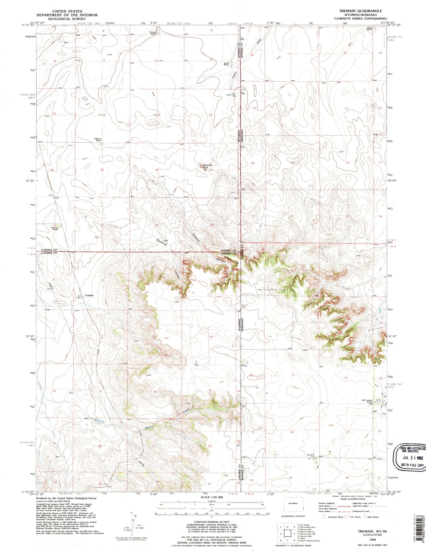Classic USGS Tremain Wyoming 7.5'x7.5' Topo Map Image