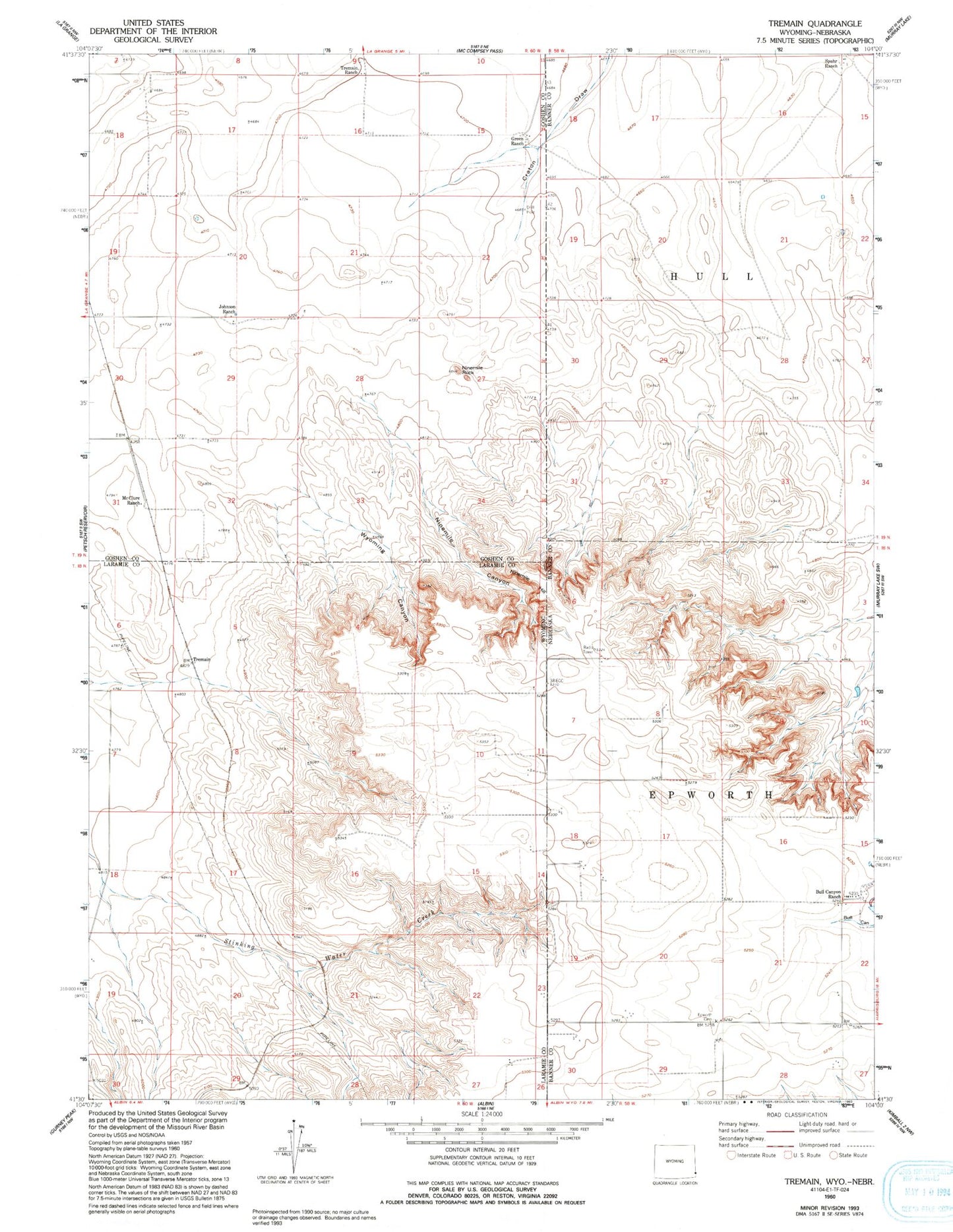 Classic USGS Tremain Wyoming 7.5'x7.5' Topo Map Image