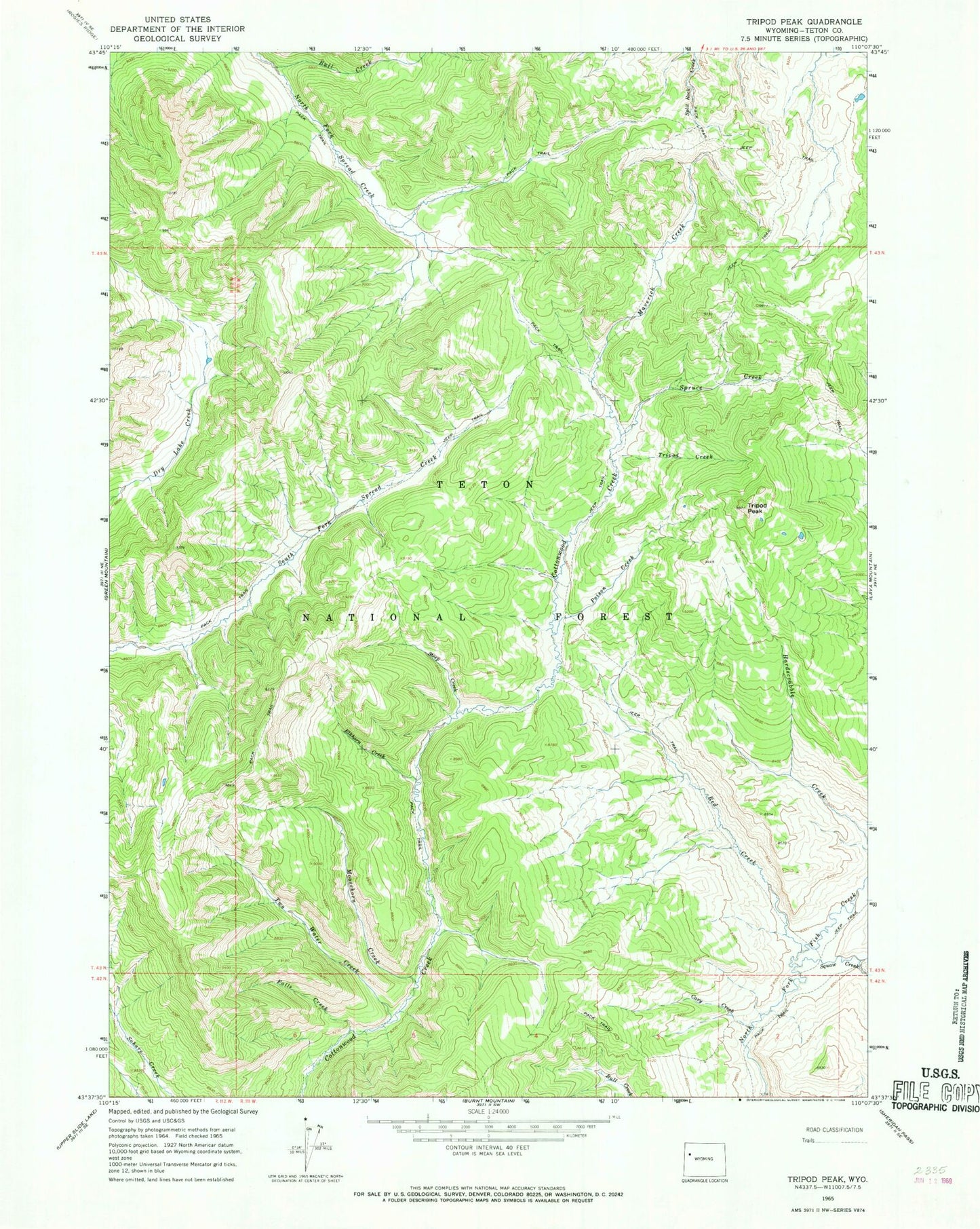 Classic USGS Tripod Peak Wyoming 7.5'x7.5' Topo Map Image