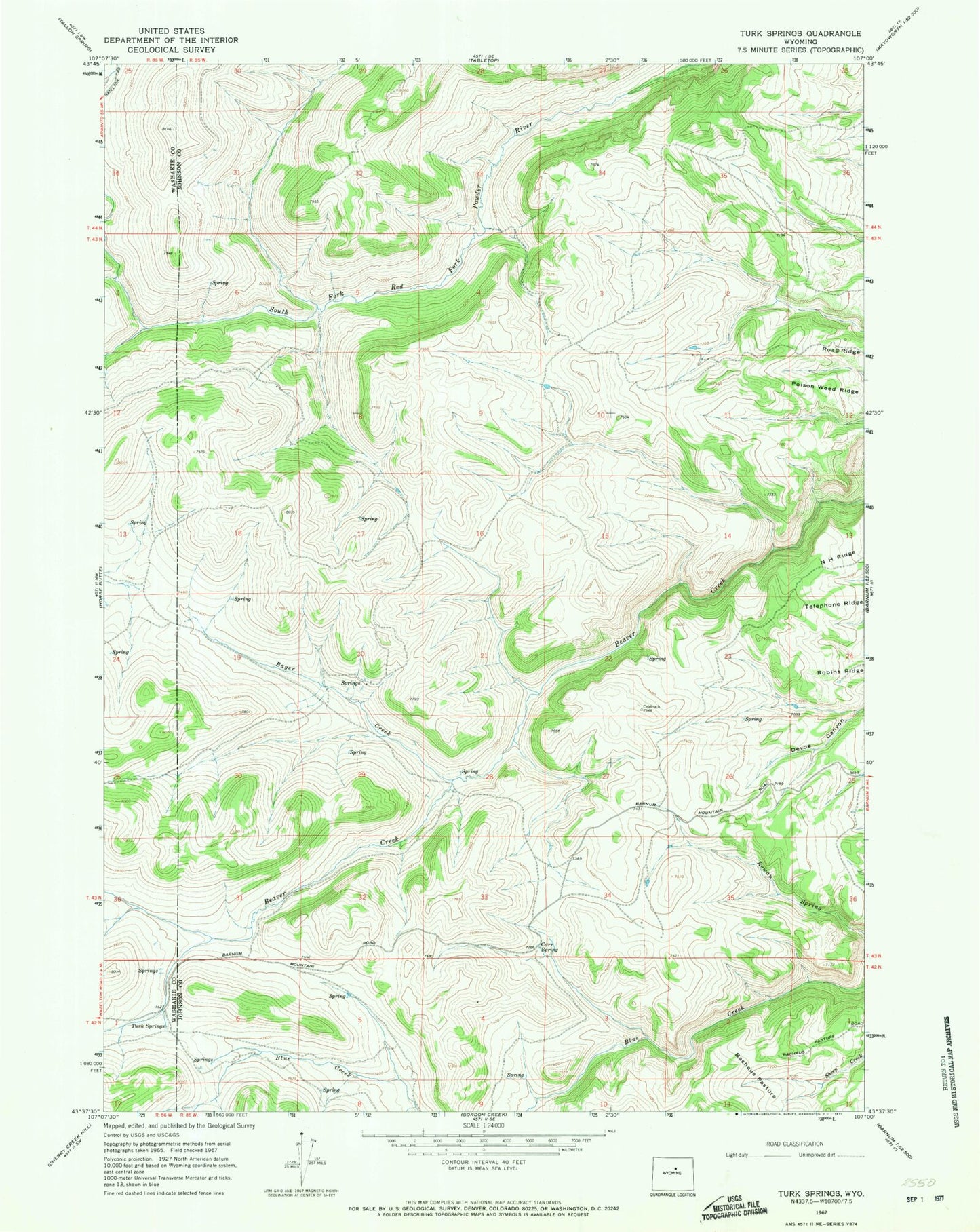 Classic USGS Turk Springs Wyoming 7.5'x7.5' Topo Map Image