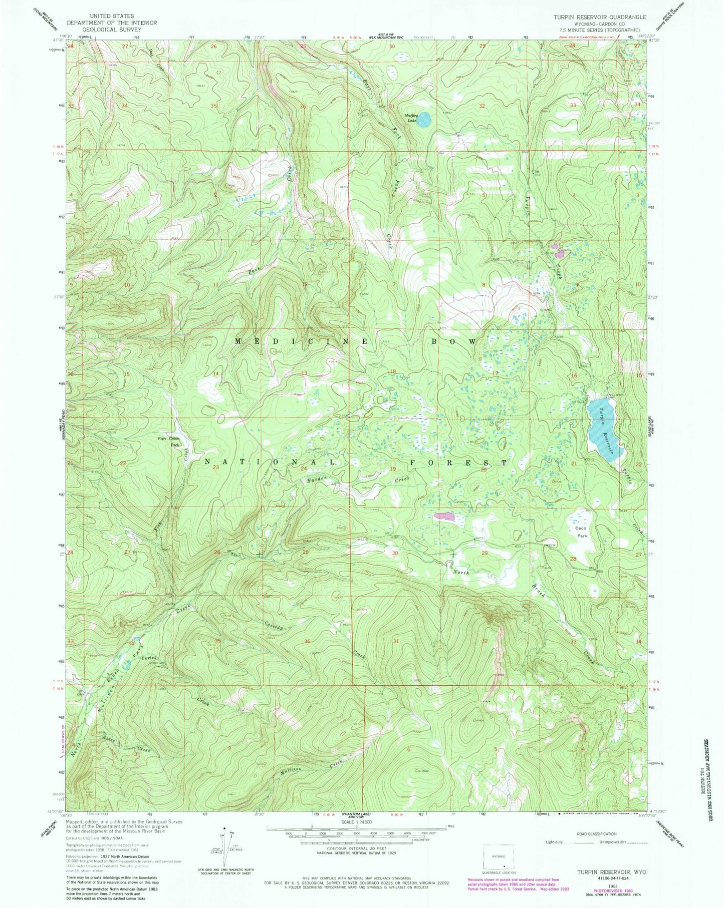 Classic USGS Turpin Reservoir Wyoming 7.5'x7.5' Topo Map Image