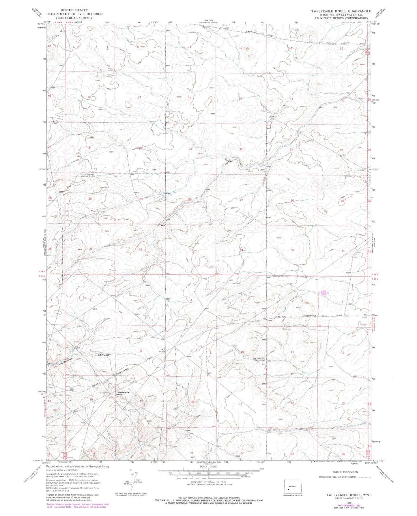 Classic USGS Twelvemile Knoll Wyoming 7.5'x7.5' Topo Map Image