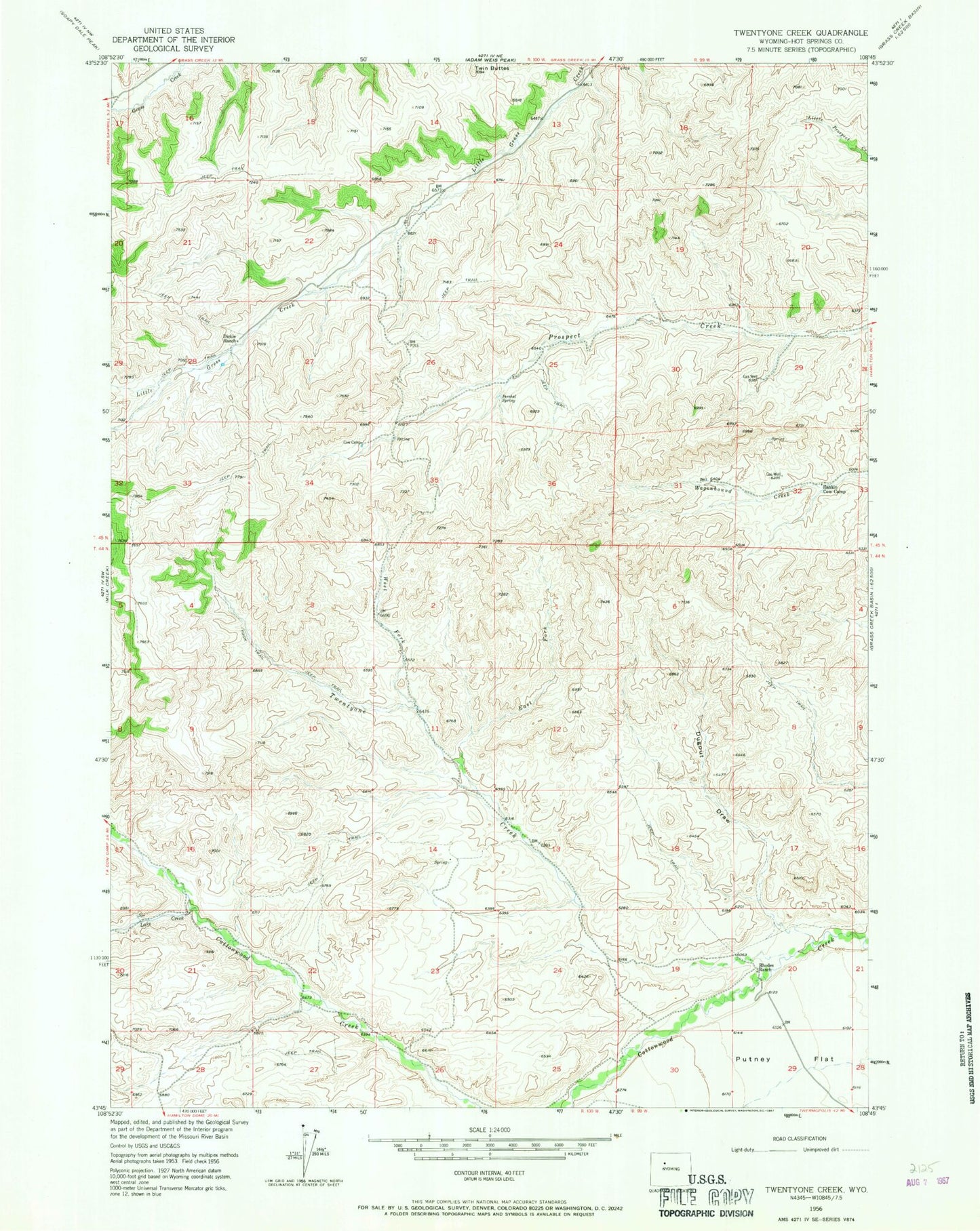 Classic USGS Twentyone Creek Wyoming 7.5'x7.5' Topo Map Image