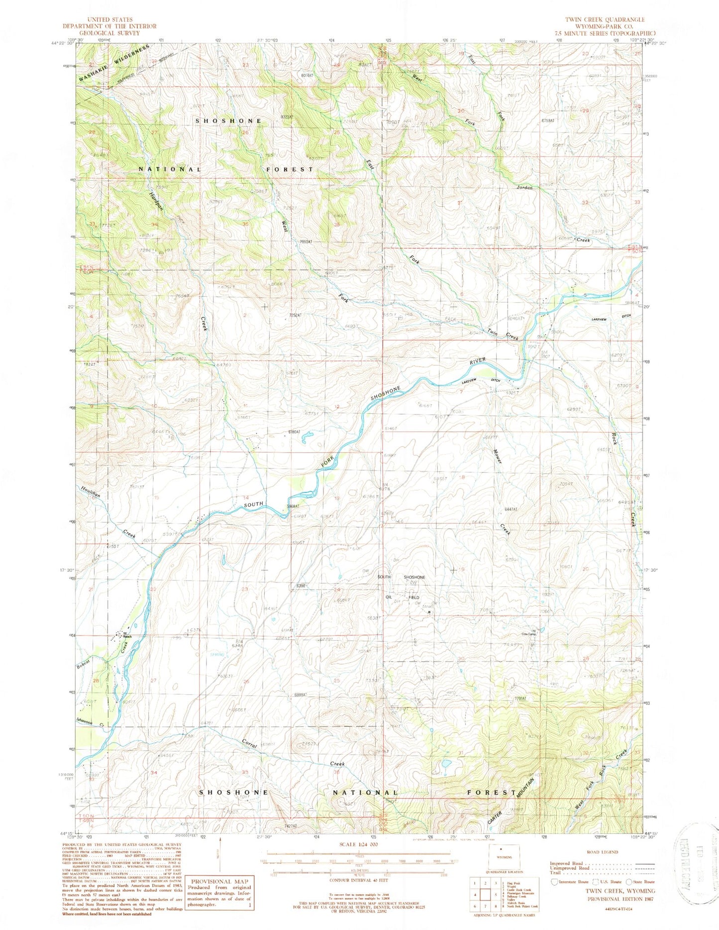 Classic USGS Twin Creek Wyoming 7.5'x7.5' Topo Map Image