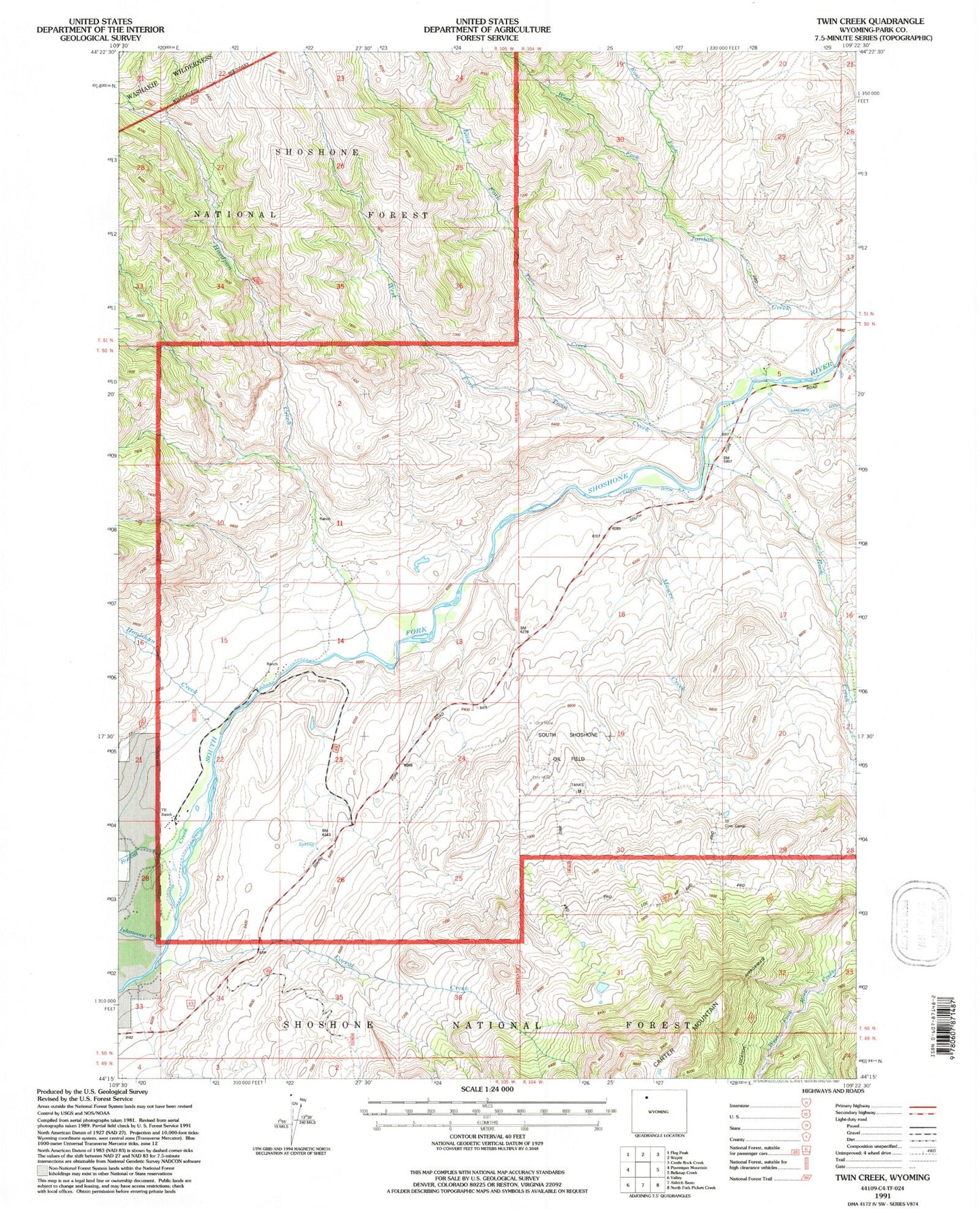 Classic USGS Twin Creek Wyoming 7.5'x7.5' Topo Map Image