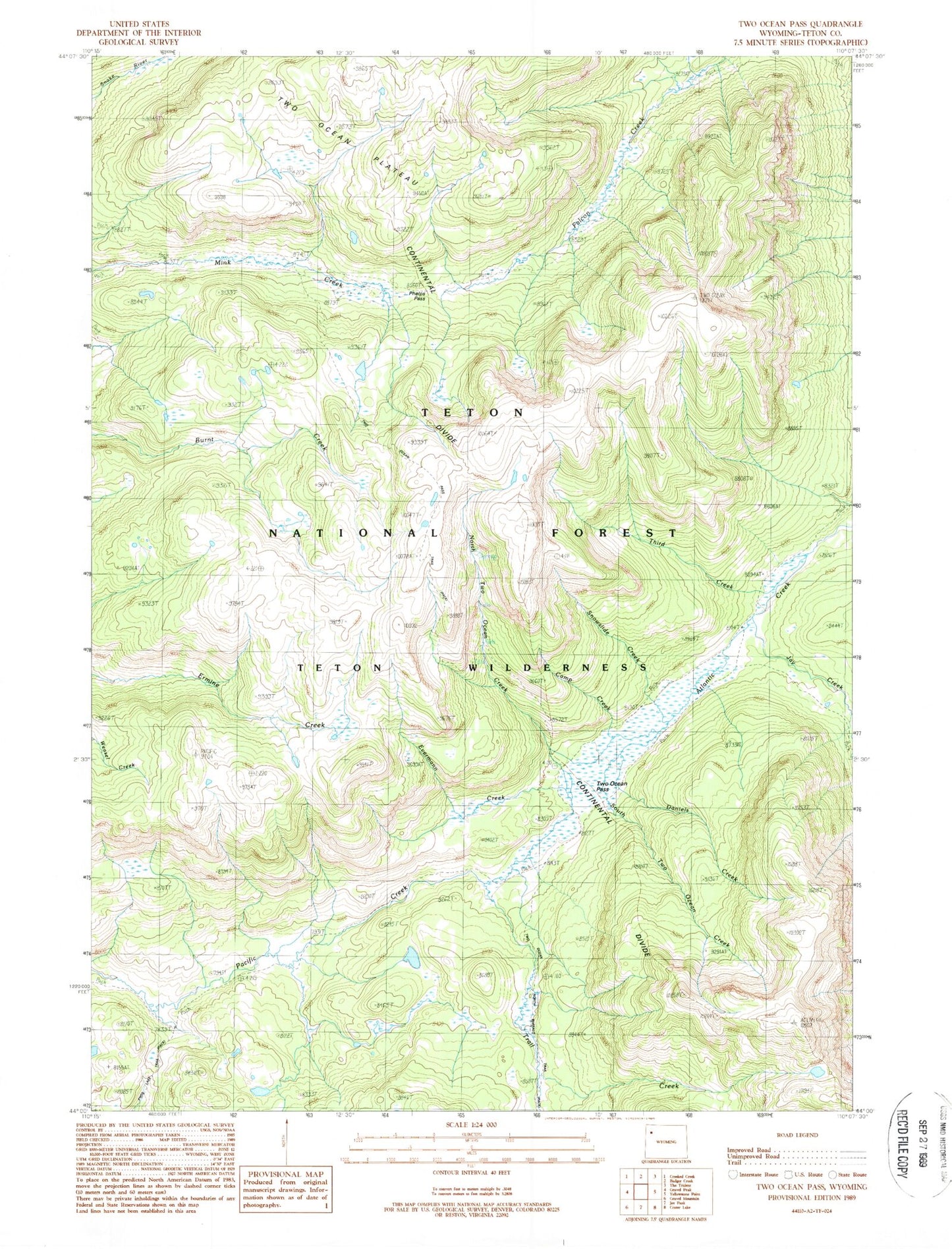 Classic USGS Two Ocean Pass Wyoming 7.5'x7.5' Topo Map Image