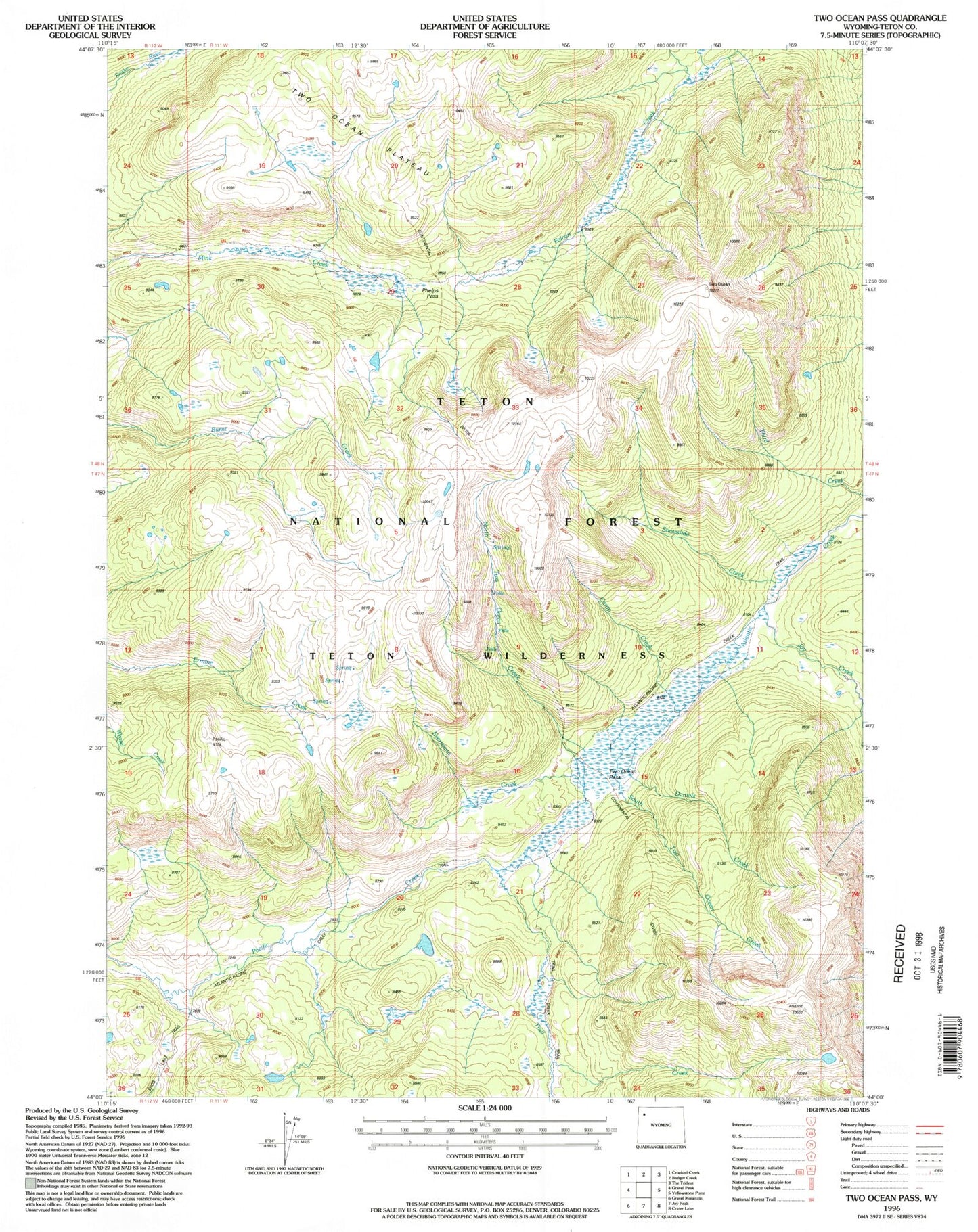 Classic USGS Two Ocean Pass Wyoming 7.5'x7.5' Topo Map Image