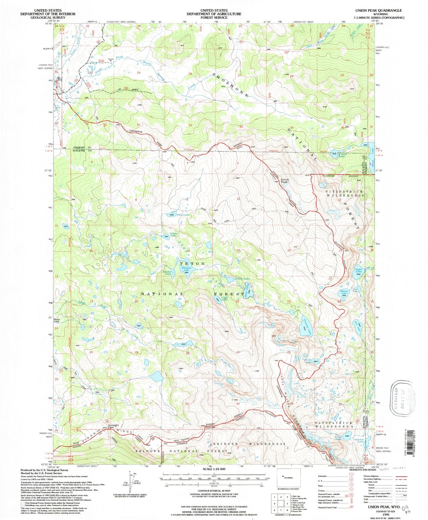 Classic USGS Union Peak Wyoming 7.5'x7.5' Topo Map Image