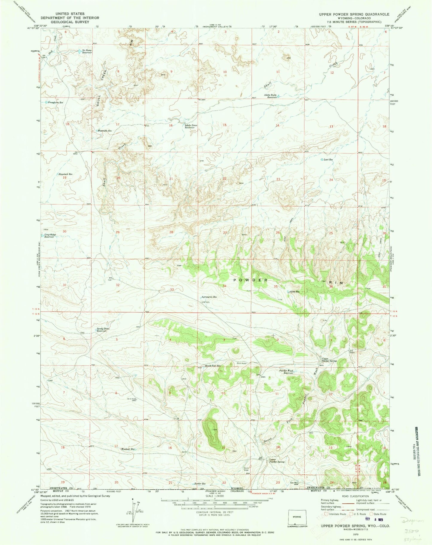 Classic USGS Upper Powder Spring Wyoming 7.5'x7.5' Topo Map Image