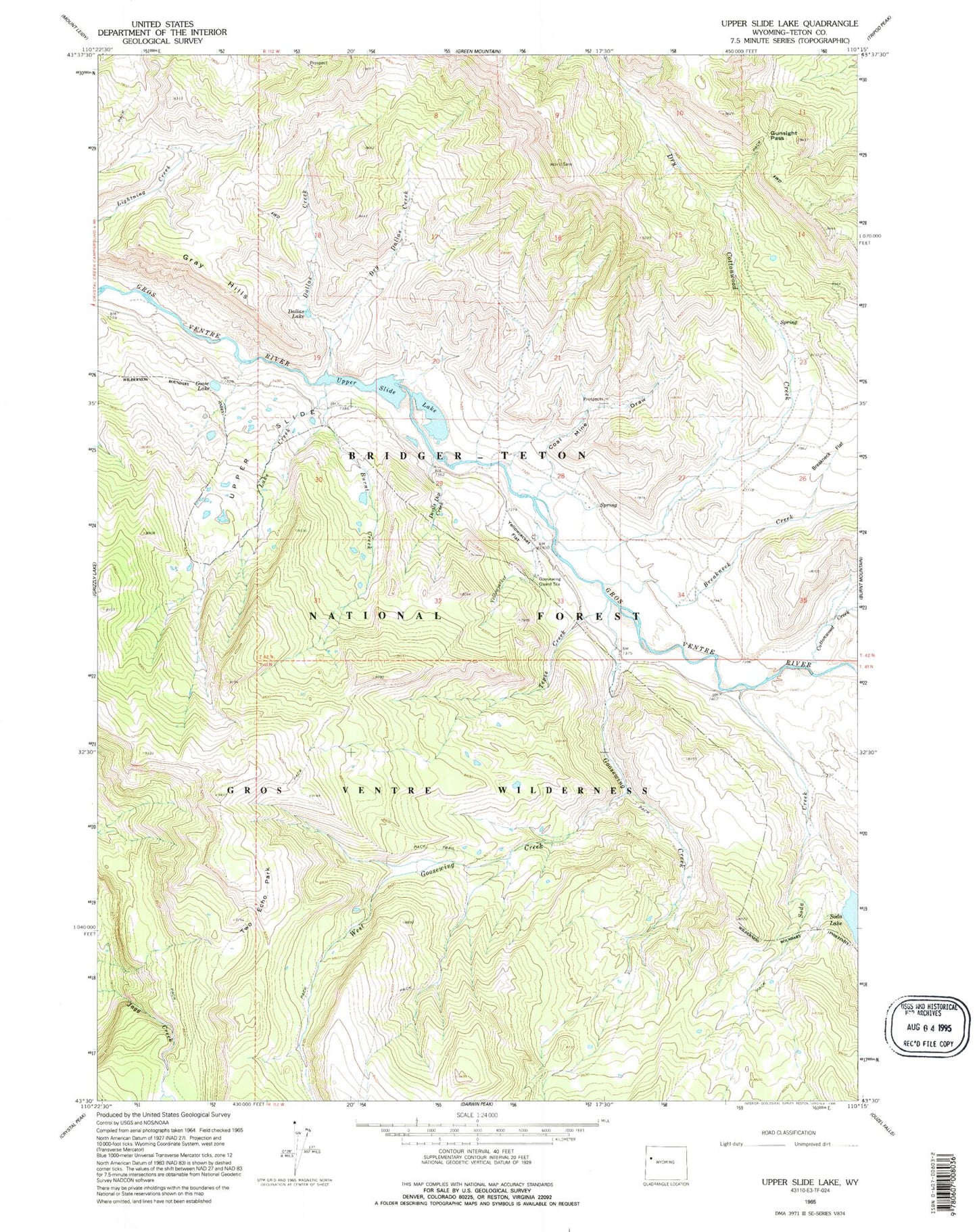 Classic USGS Upper Slide Lake Wyoming 7.5'x7.5' Topo Map Image