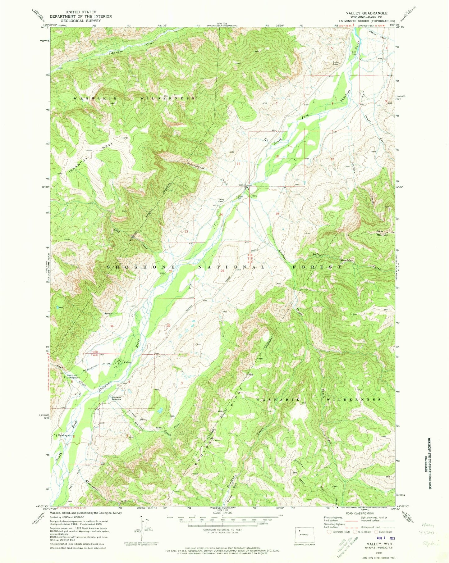 Classic USGS Valley Wyoming 7.5'x7.5' Topo Map Image