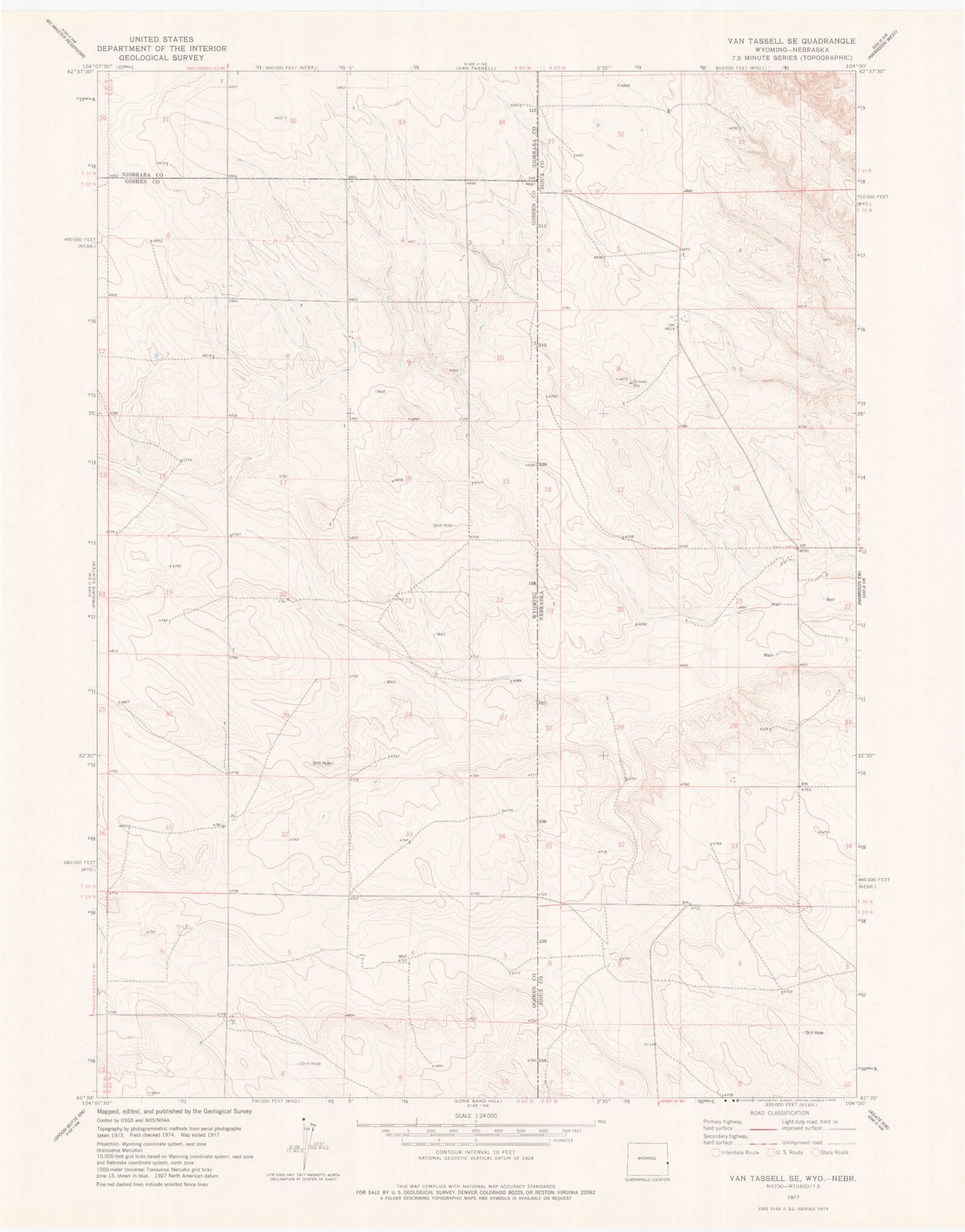 Classic USGS Van Tassell SE Wyoming 7.5'x7.5' Topo Map Image