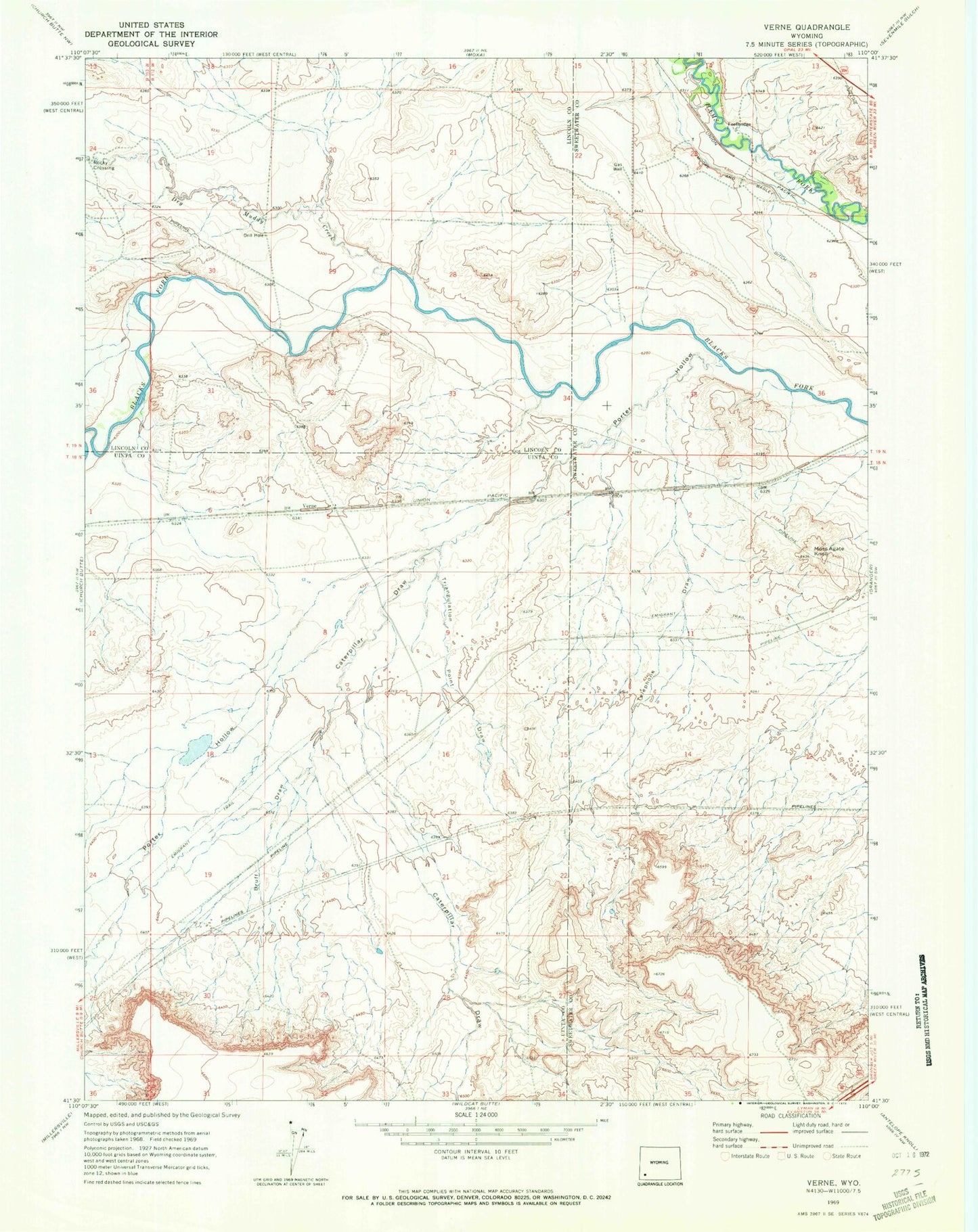 Classic USGS Verne Wyoming 7.5'x7.5' Topo Map Image