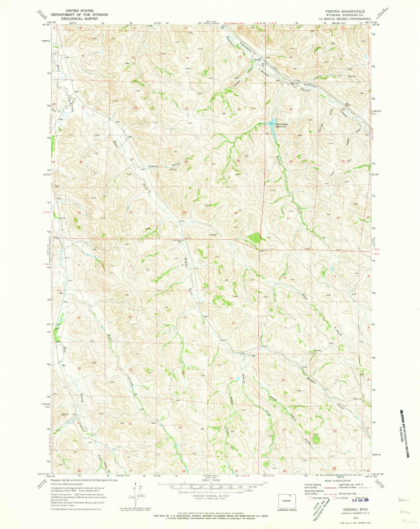 Classic USGS Verona Wyoming 7.5'x7.5' Topo Map Image