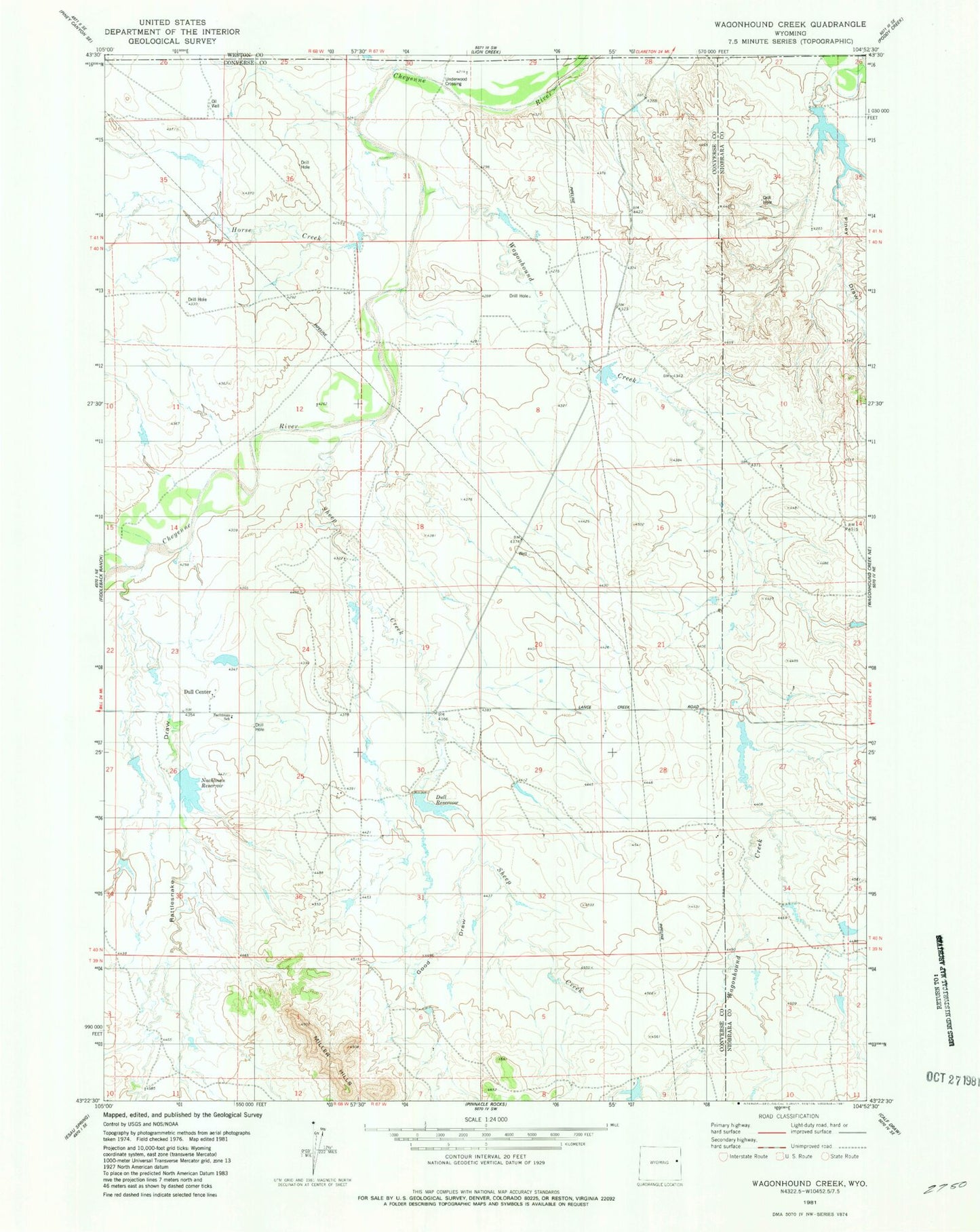 Classic USGS Wagonhound Creek Wyoming 7.5'x7.5' Topo Map Image