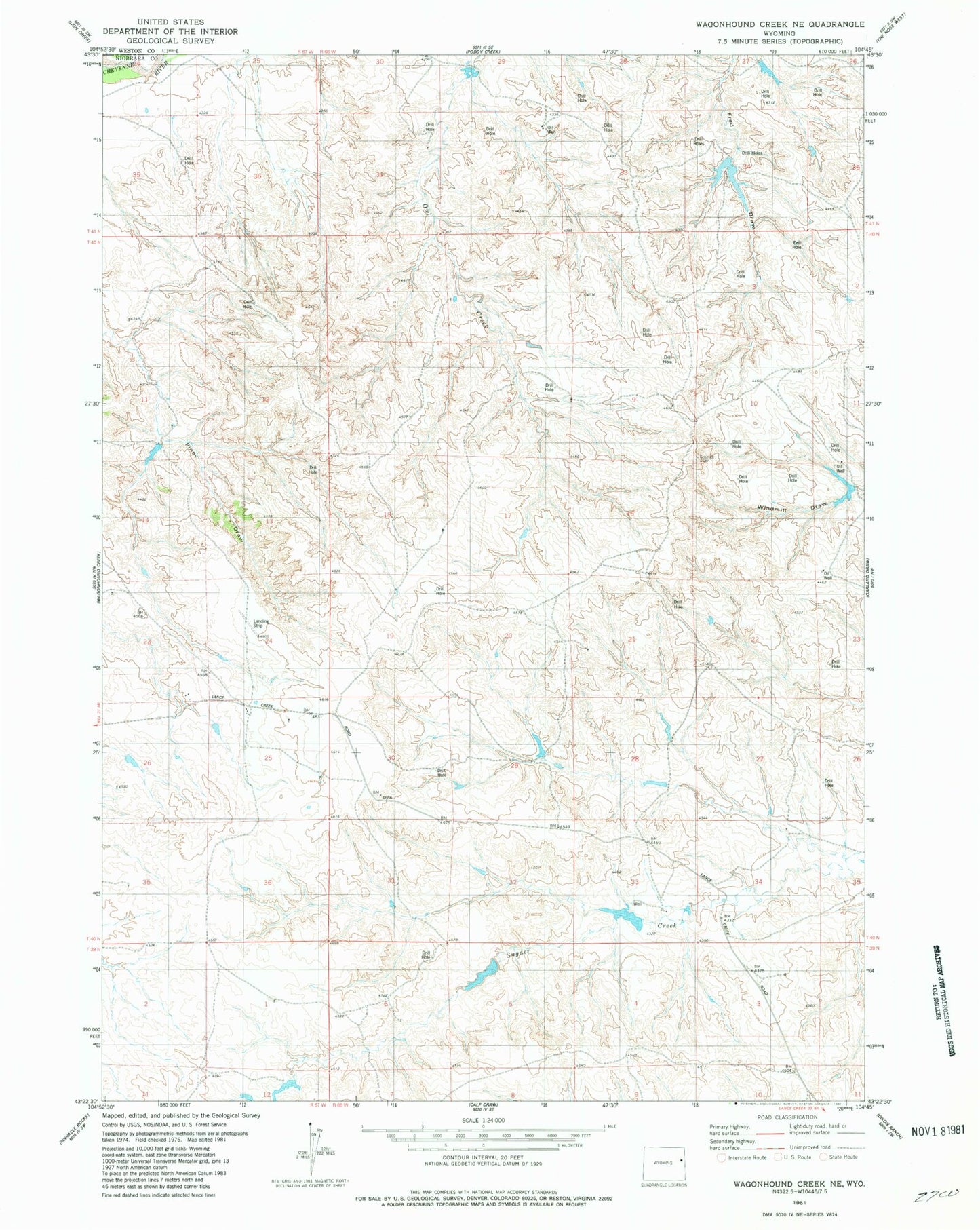 Classic USGS Wagonhound Creek NE Wyoming 7.5'x7.5' Topo Map Image