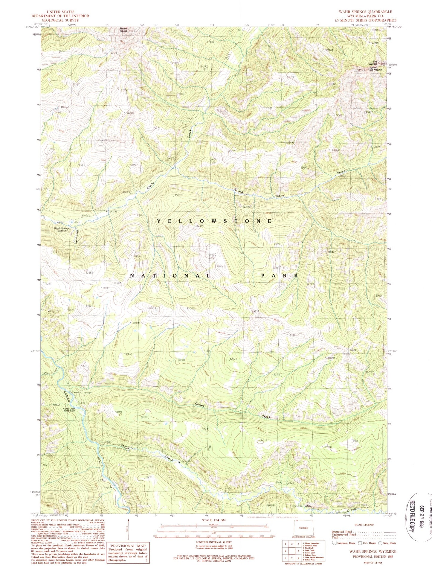 Classic USGS Wahb Springs Wyoming 7.5'x7.5' Topo Map Image
