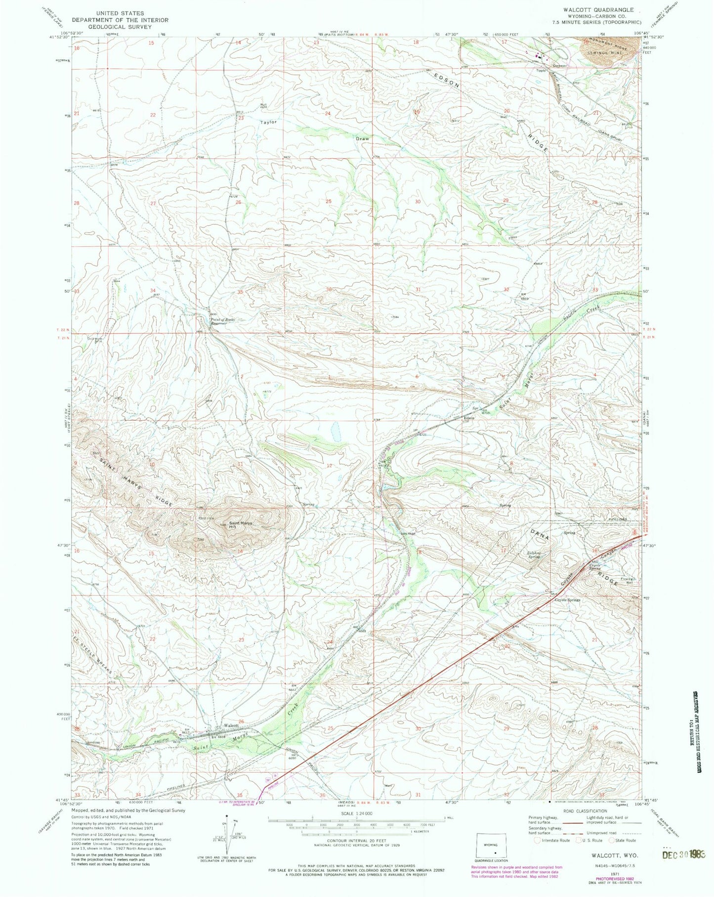 Classic USGS Walcott Wyoming 7.5'x7.5' Topo Map Image