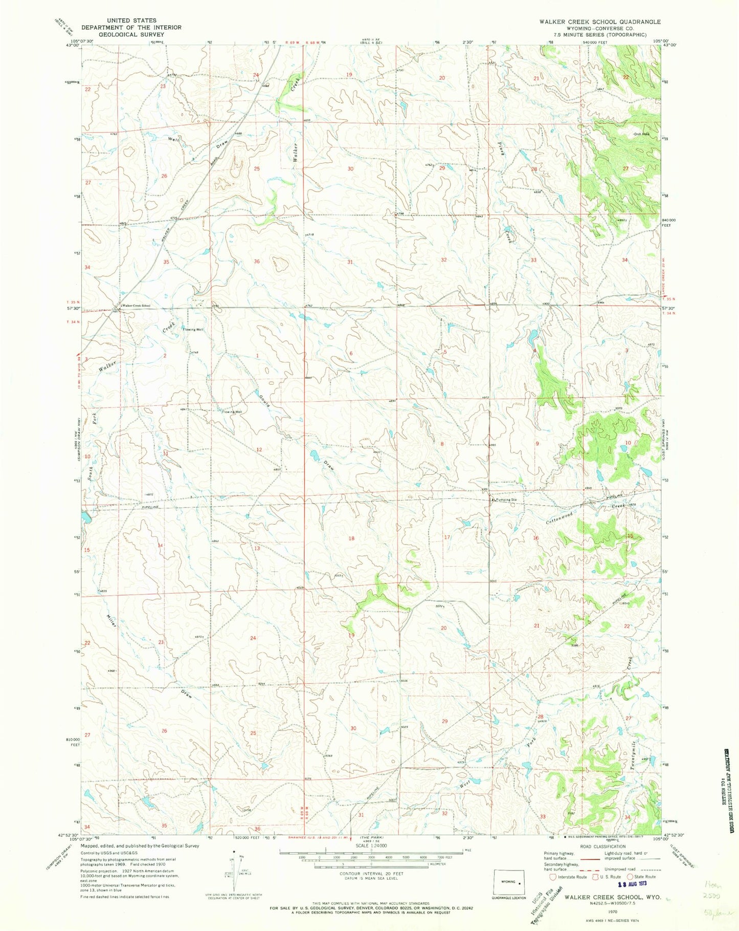 Classic USGS Walker Creek School Wyoming 7.5'x7.5' Topo Map Image