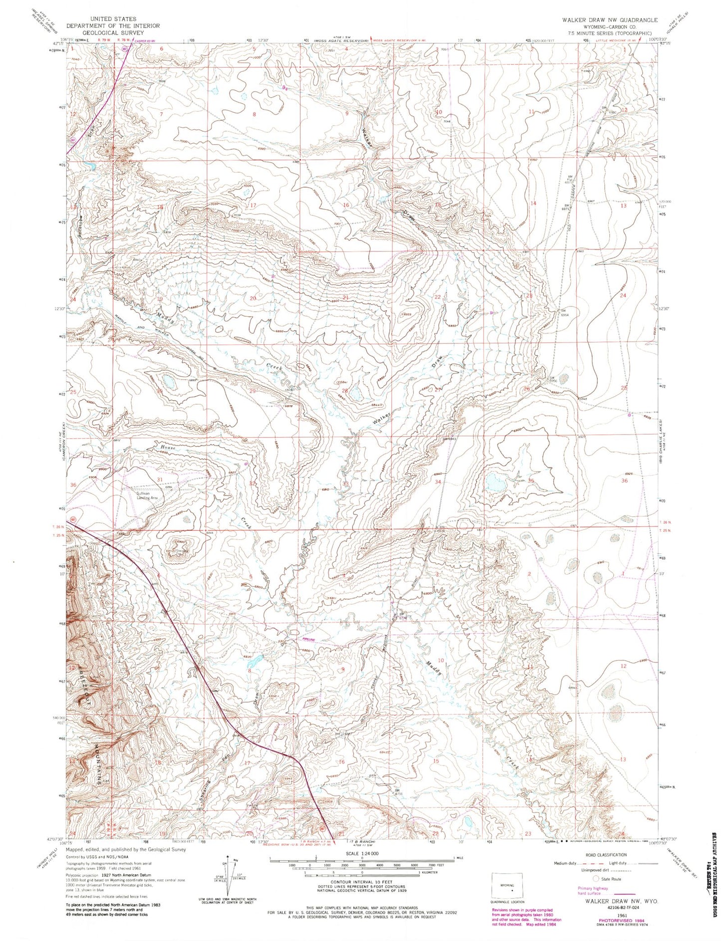 Classic USGS Walker Draw NW Wyoming 7.5'x7.5' Topo Map Image