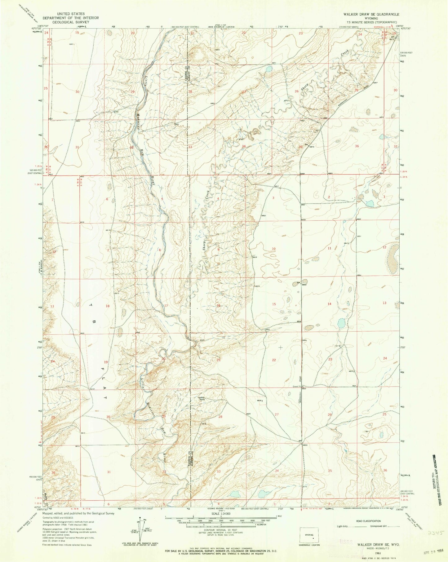 Classic USGS Walker Draw SE Wyoming 7.5'x7.5' Topo Map Image