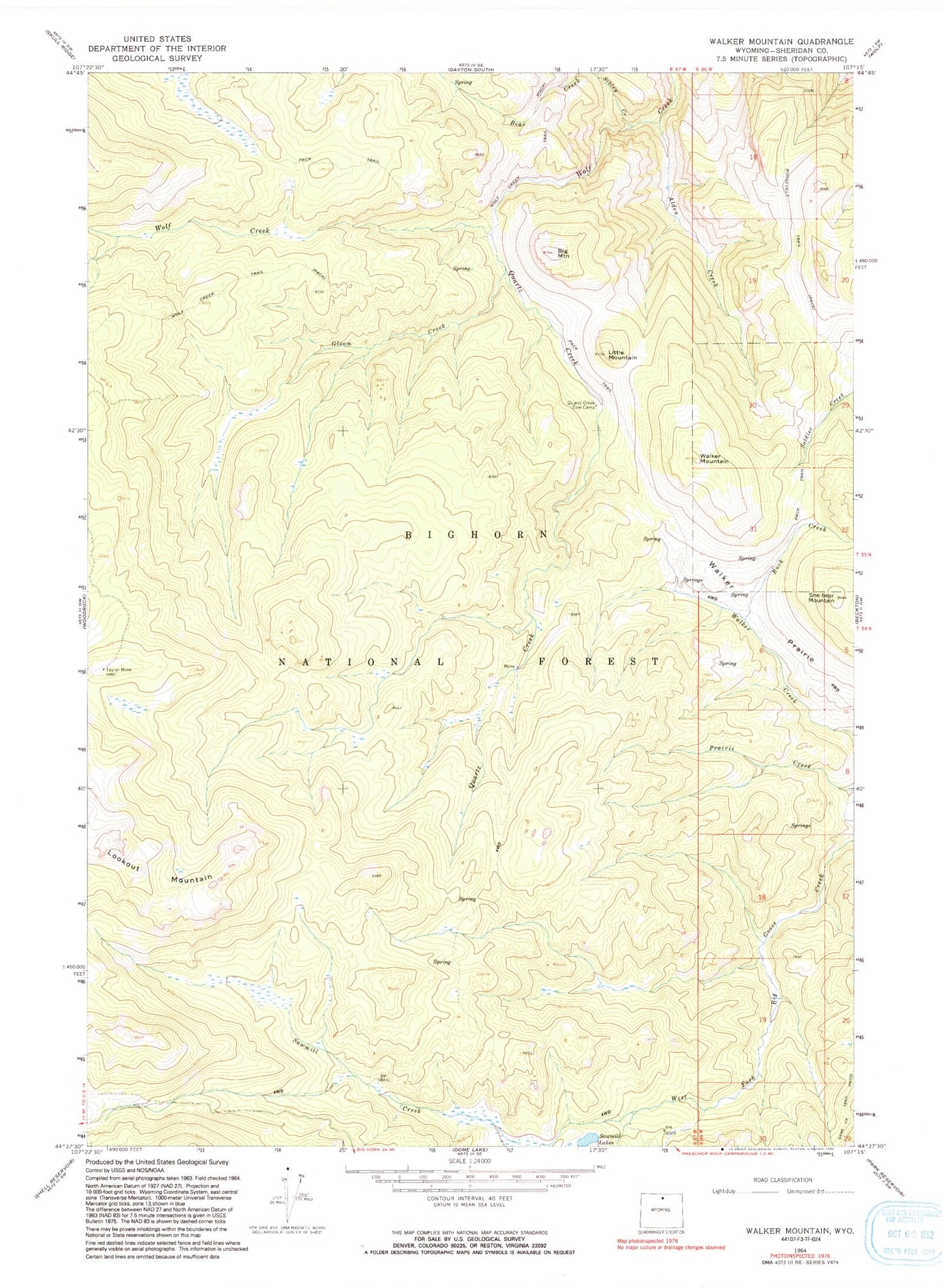 Classic USGS Walker Mountain Wyoming 7.5'x7.5' Topo Map Image