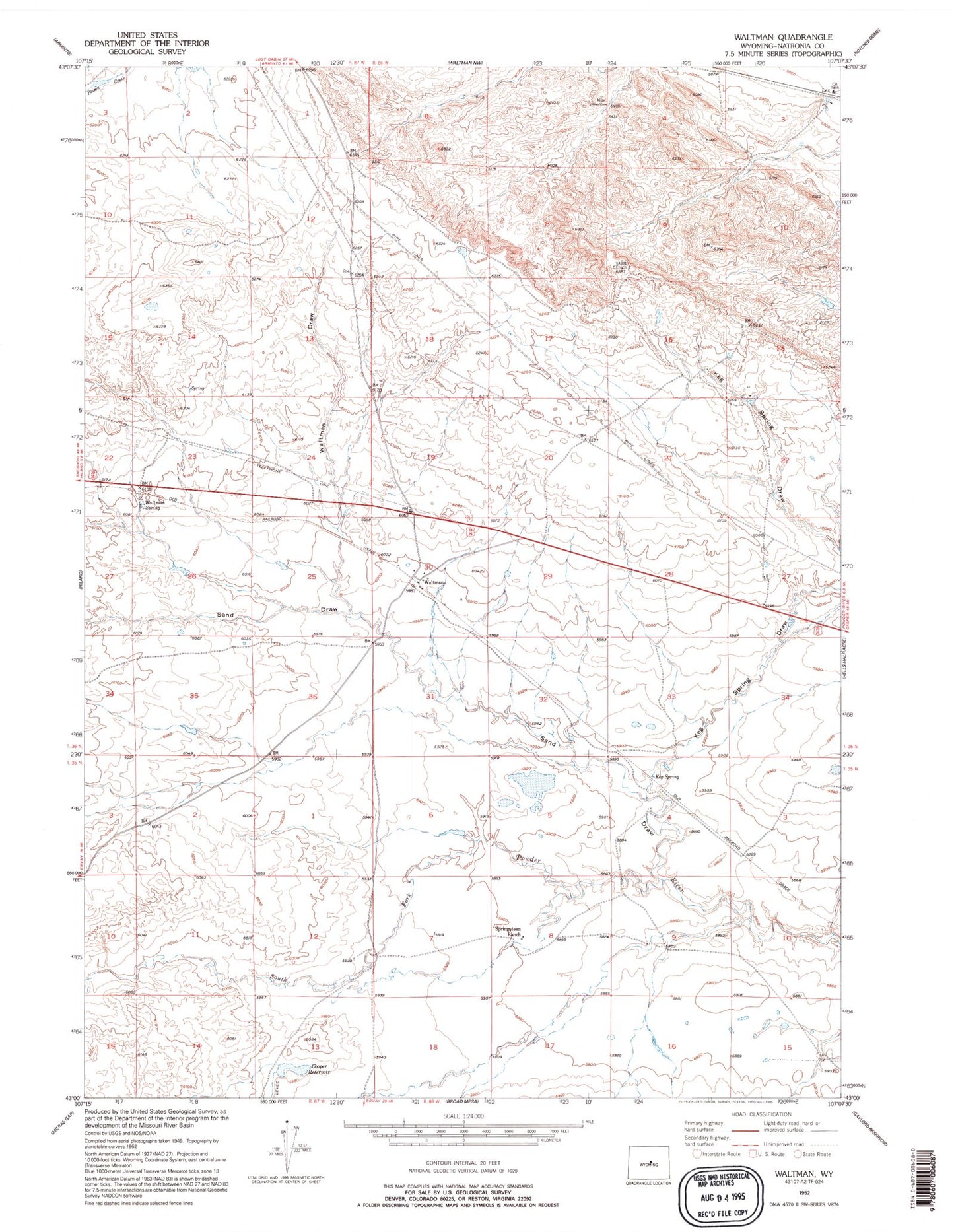 Classic USGS Waltman Wyoming 7.5'x7.5' Topo Map Image