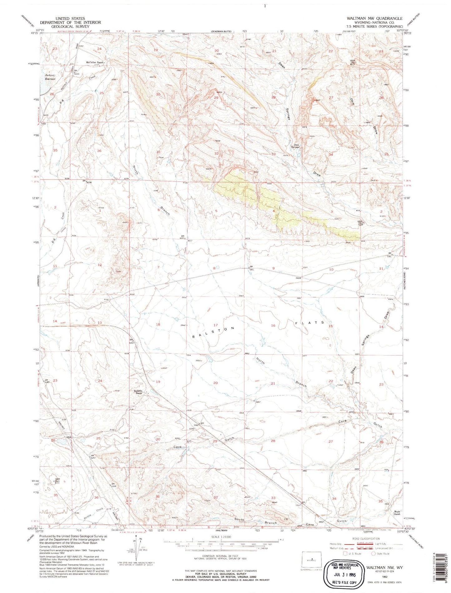 Classic USGS Waltman NW Wyoming 7.5'x7.5' Topo Map Image