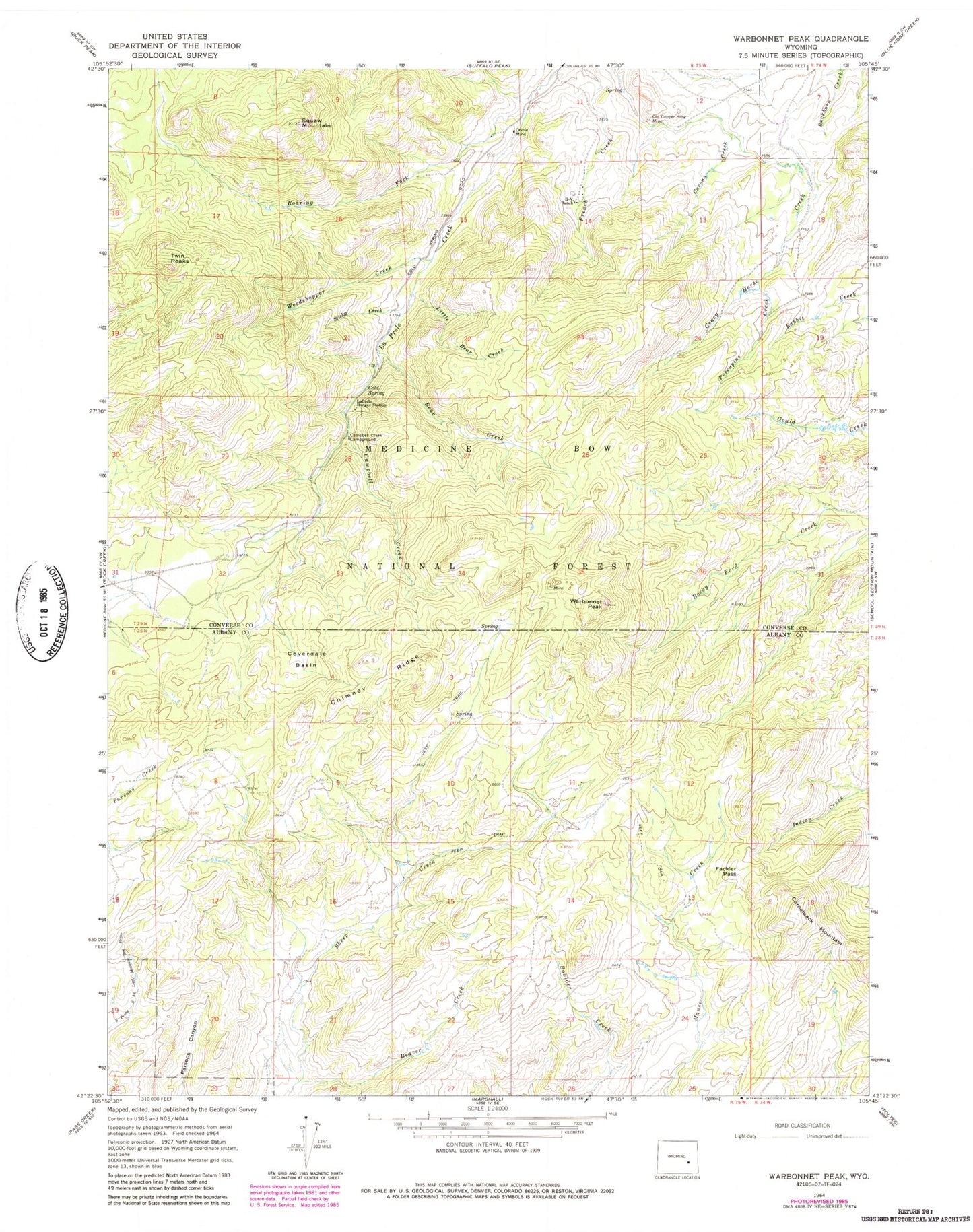 Classic USGS Warbonnett Peak Wyoming 7.5'x7.5' Topo Map Image