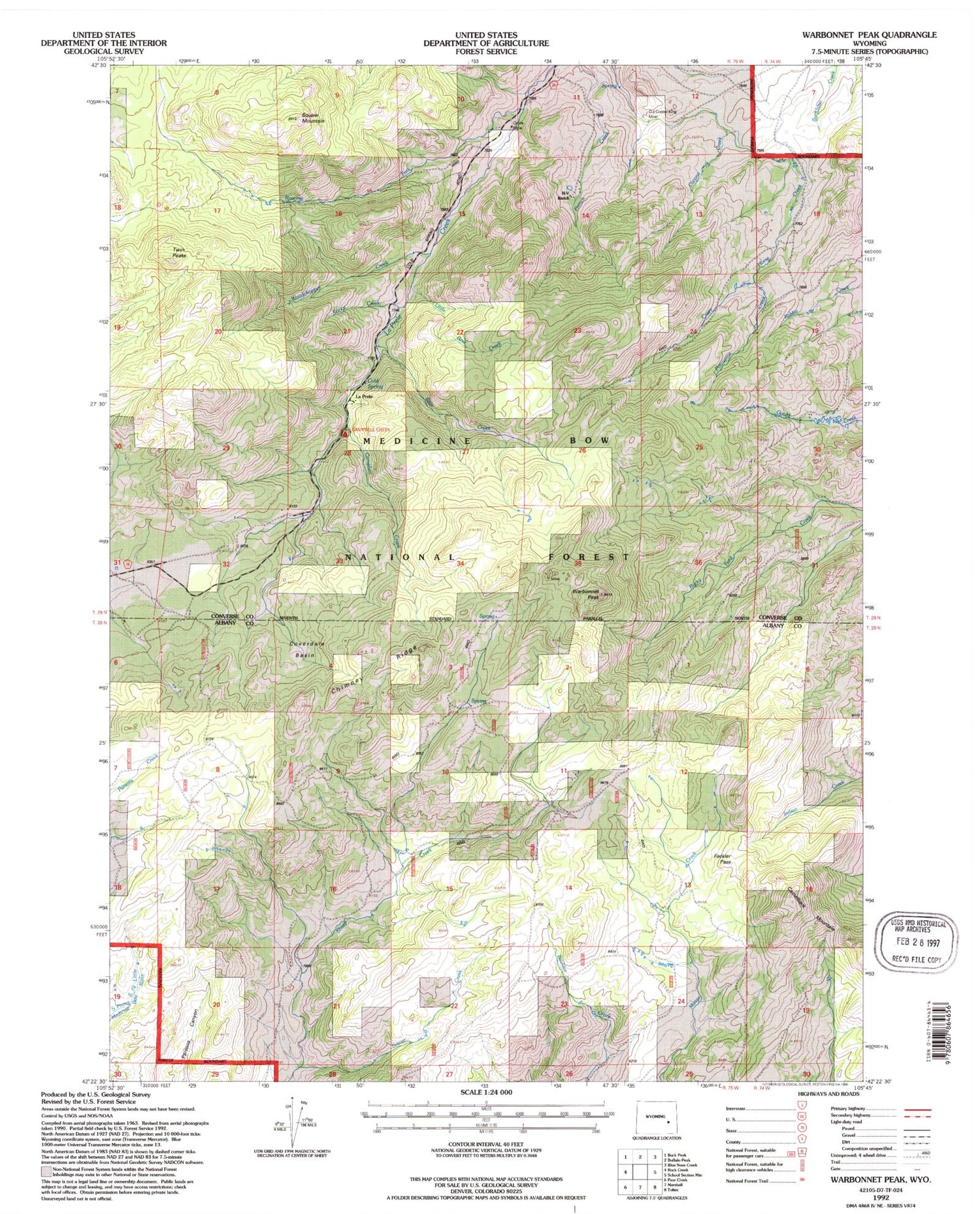 Classic USGS Warbonnett Peak Wyoming 7.5'x7.5' Topo Map Image