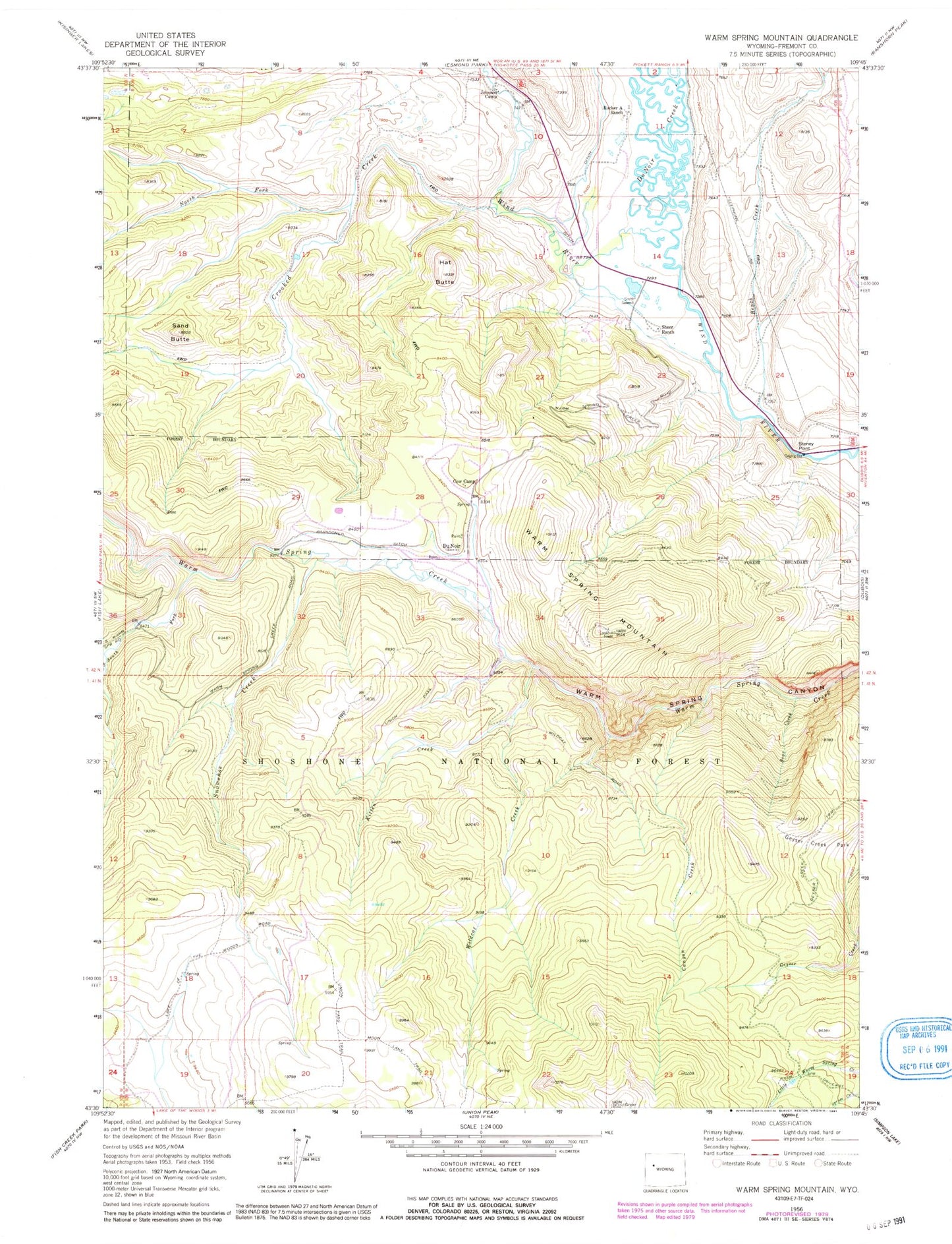 Classic USGS Warm Spring Mountain Wyoming 7.5'x7.5' Topo Map Image