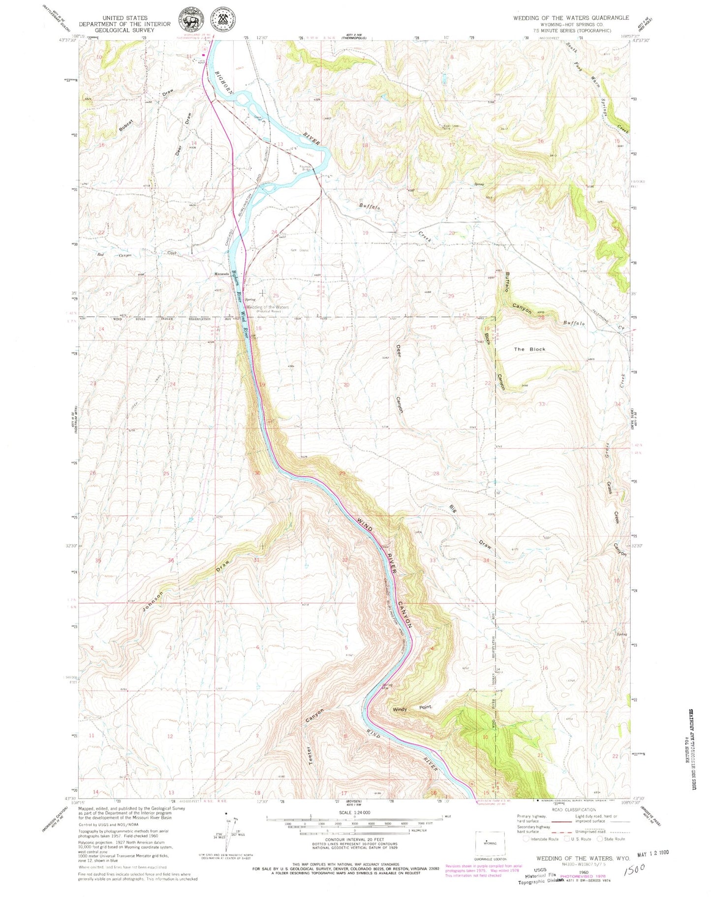Classic USGS Wedding of the Waters Wyoming 7.5'x7.5' Topo Map Image