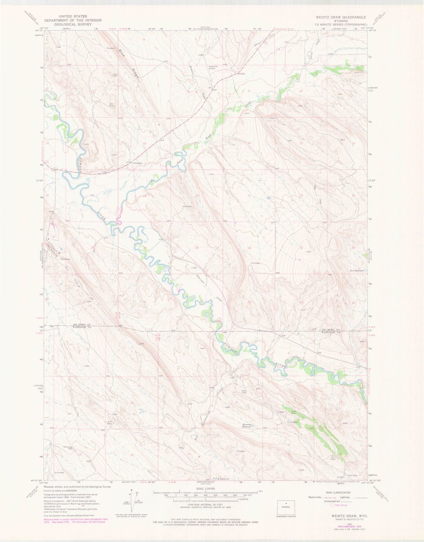 Classic USGS Weintz Draw Wyoming 7.5'x7.5' Topo Map Image