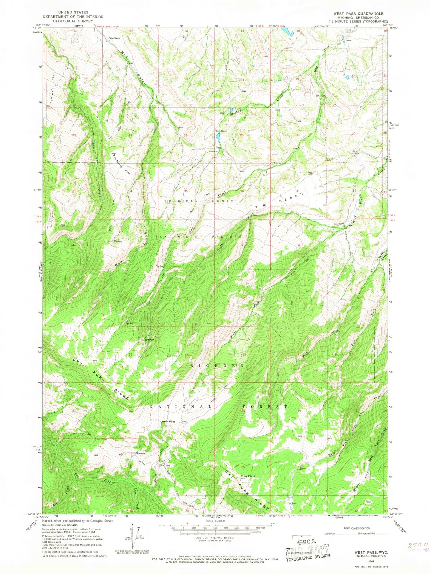 Classic USGS West Pass Wyoming 7.5'x7.5' Topo Map Image