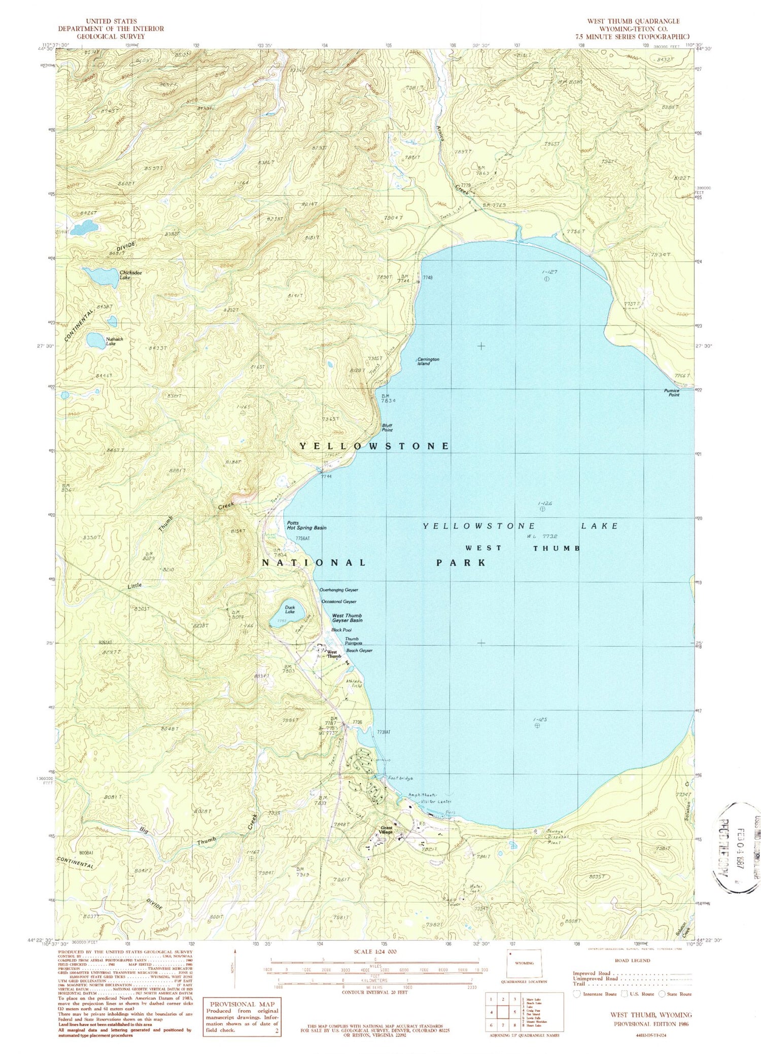 Classic USGS West Thumb Wyoming 7.5'x7.5' Topo Map Image