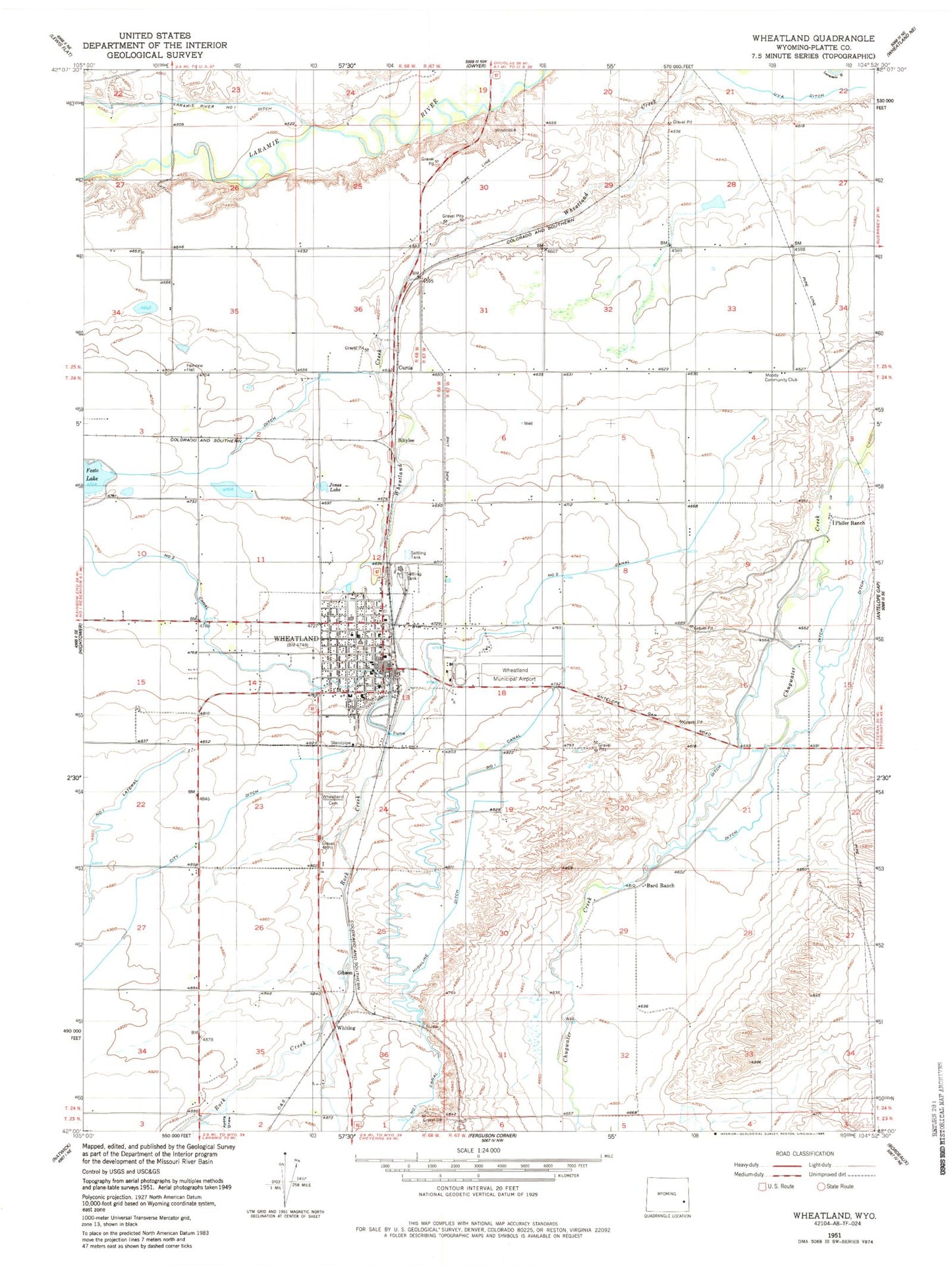 Classic USGS Wheatland Wyoming 7.5'x7.5' Topo Map Image