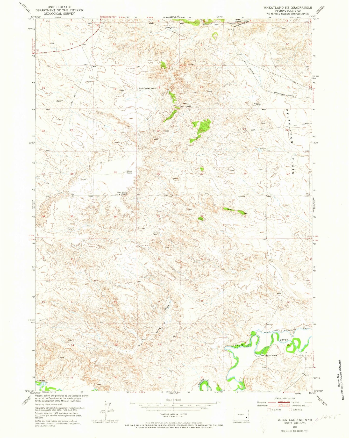 Classic USGS Wheatland NE Wyoming 7.5'x7.5' Topo Map Image