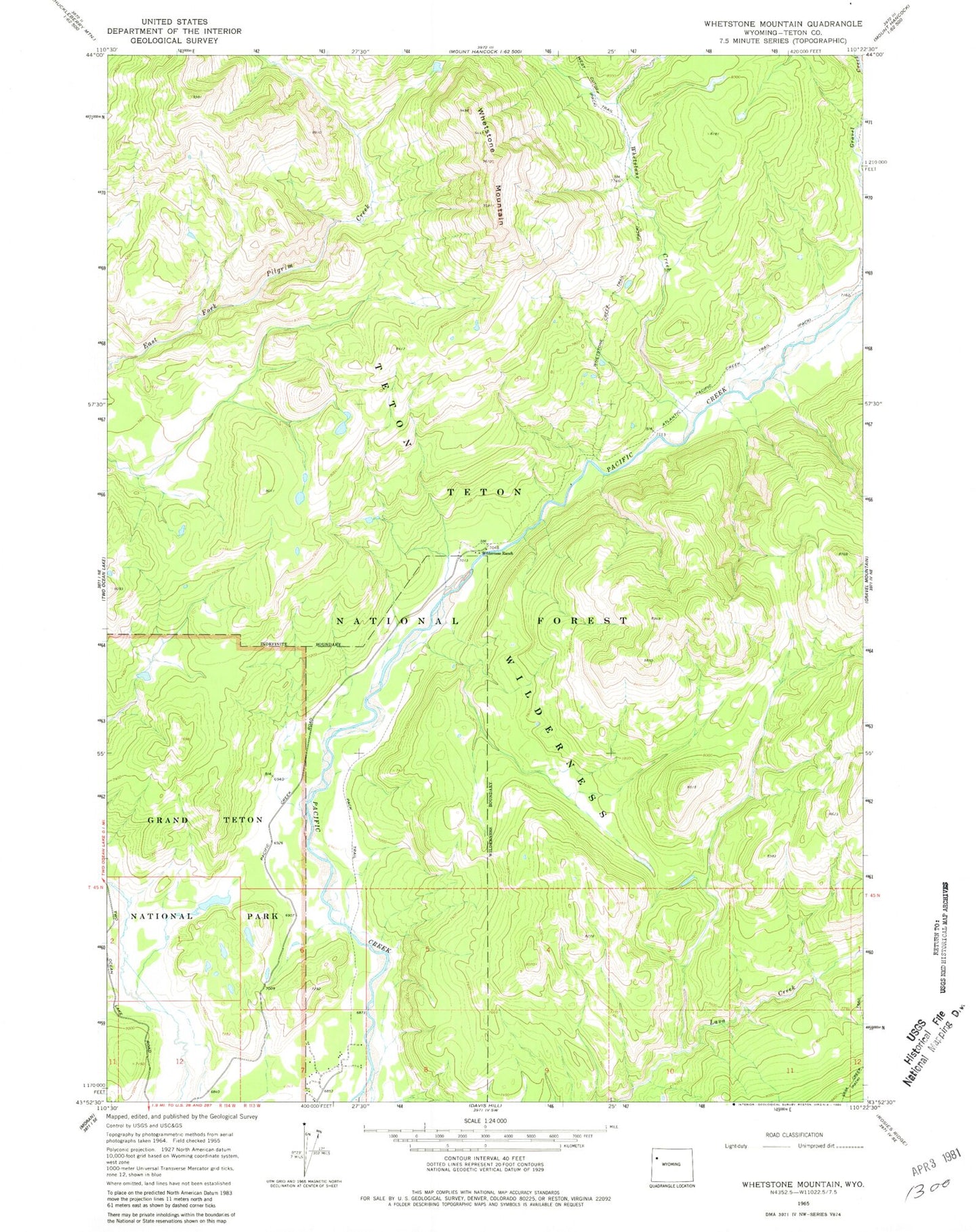 Classic USGS Whetstone Mountain Wyoming 7.5'x7.5' Topo Map Image