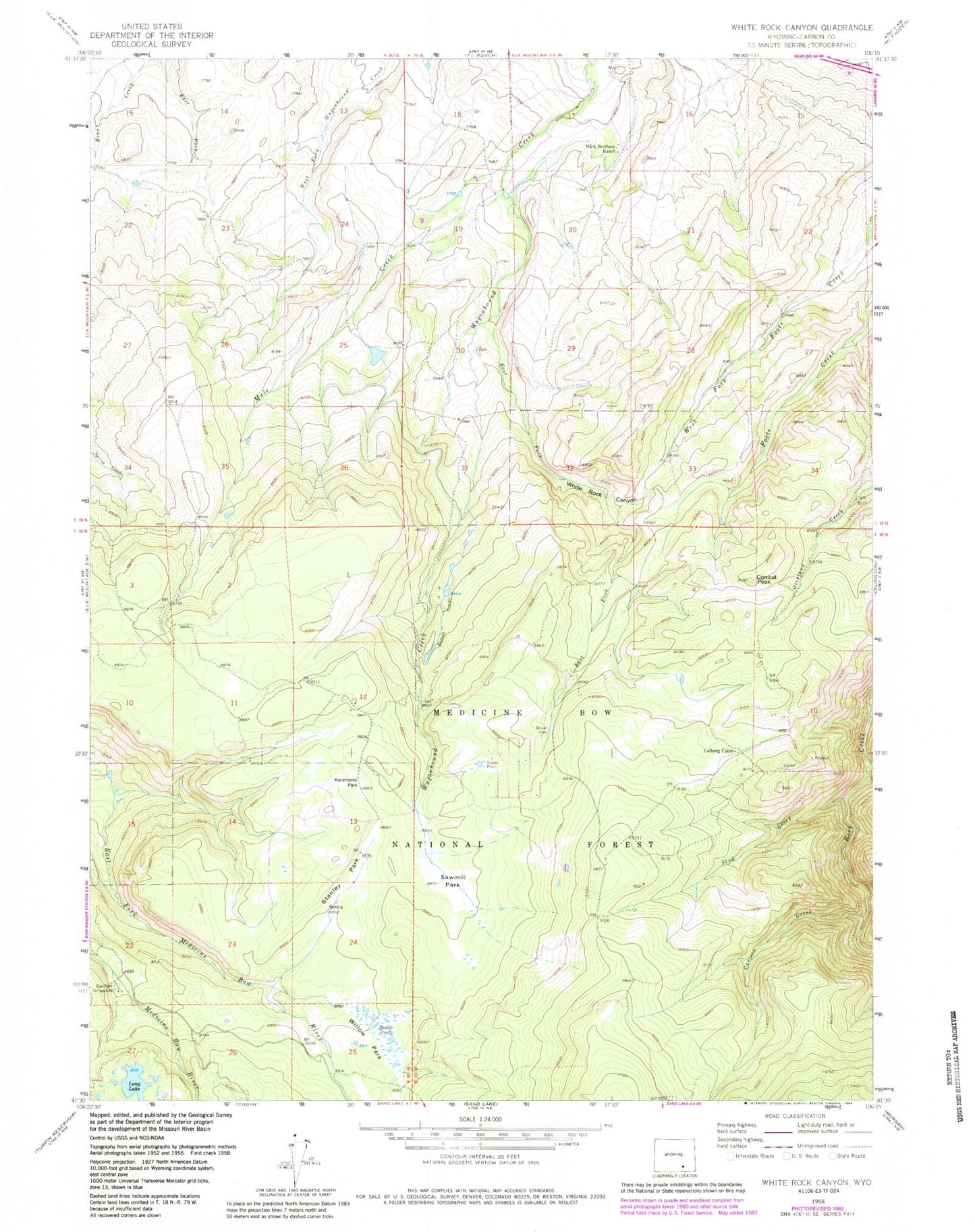 Classic USGS White Rock Canyon Wyoming 7.5'x7.5' Topo Map Image
