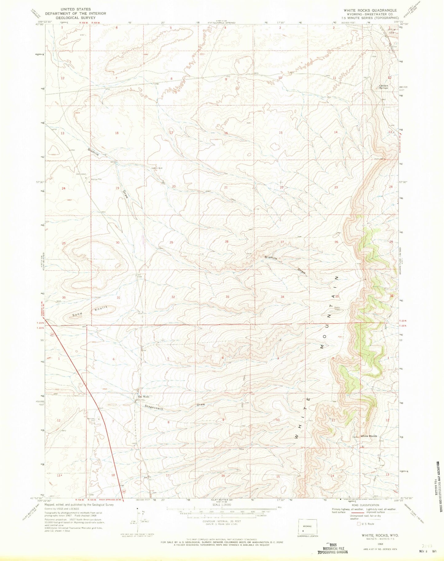 Classic USGS White Rocks Wyoming 7.5'x7.5' Topo Map Image