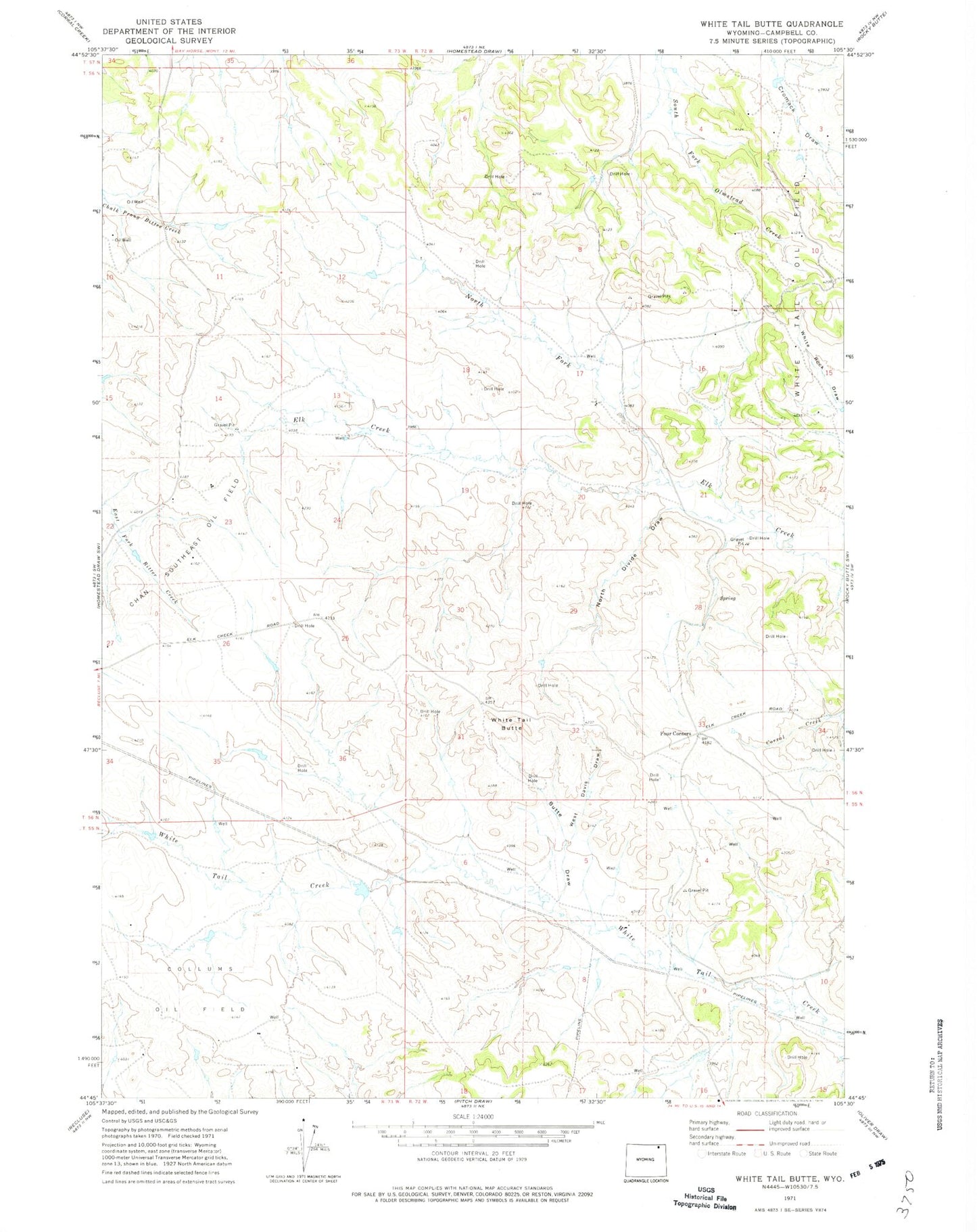 Classic USGS White Tail Butte Wyoming 7.5'x7.5' Topo Map Image