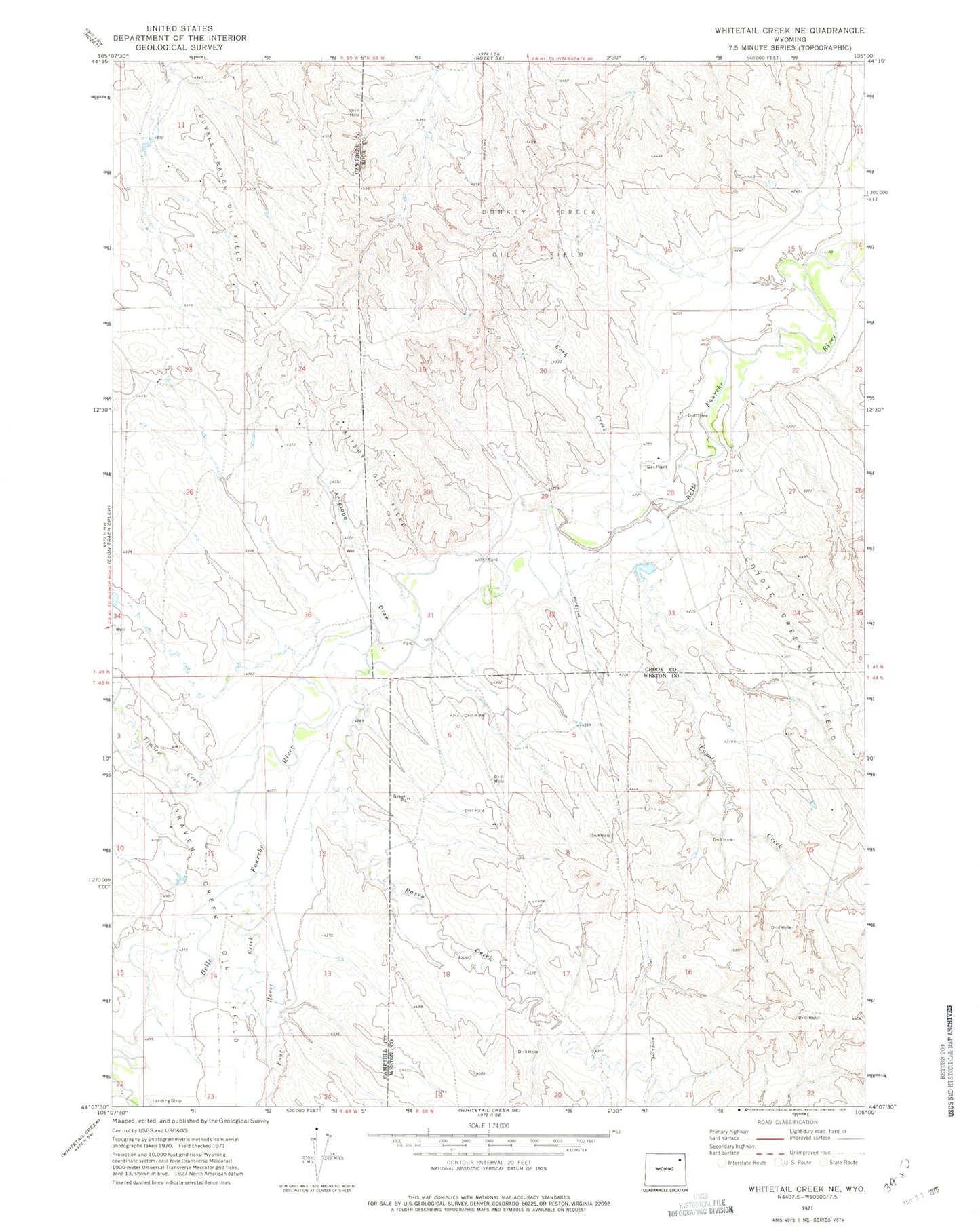 Classic USGS Whitetail Creek NE Wyoming 7.5'x7.5' Topo Map Image