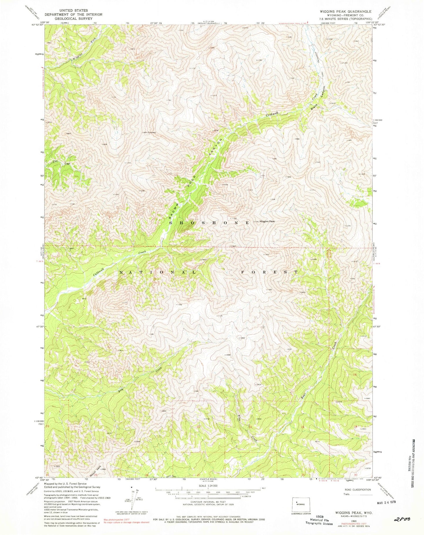 Classic USGS Wiggins Peak Wyoming 7.5'x7.5' Topo Map Image