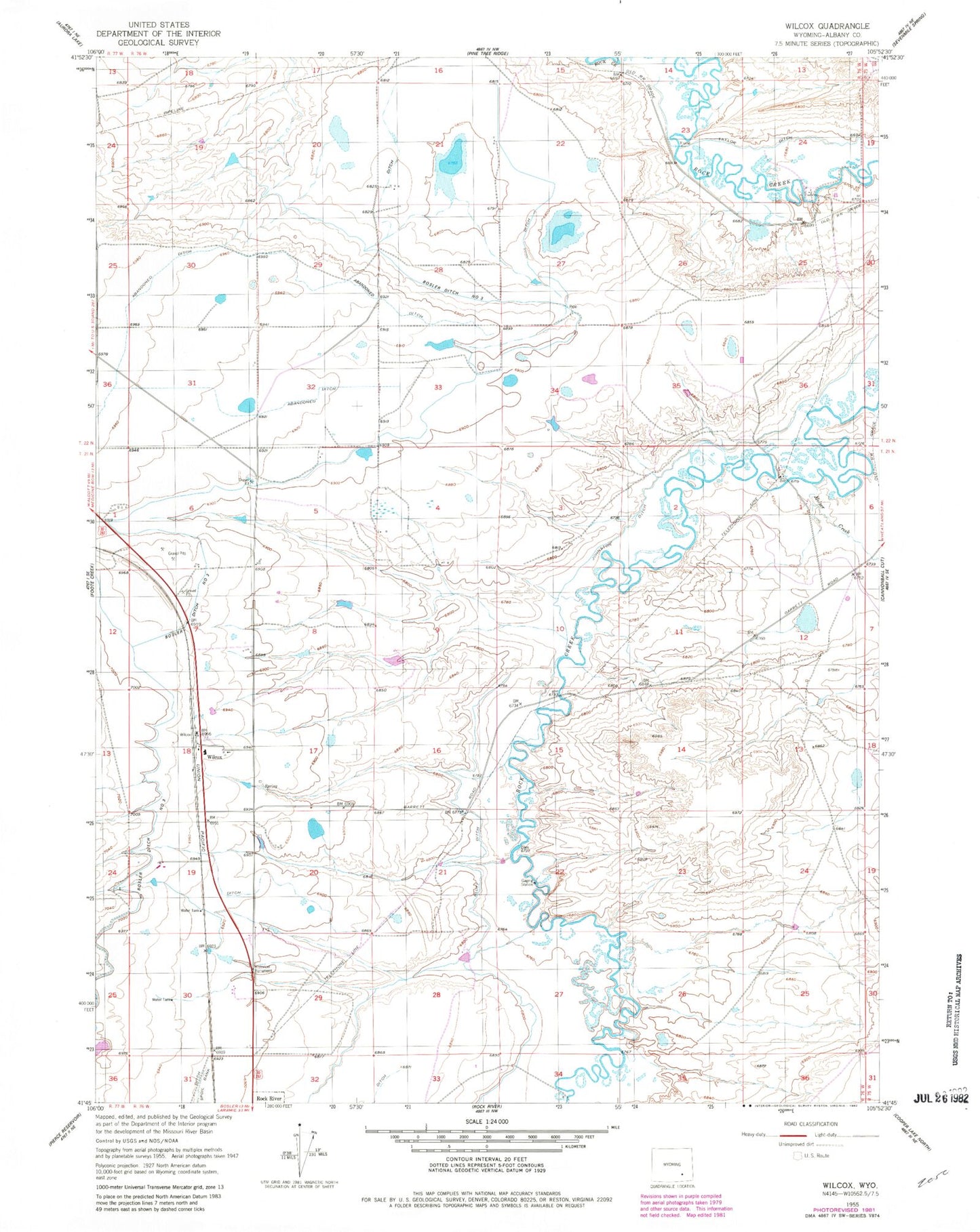 Classic USGS Wilcox Wyoming 7.5'x7.5' Topo Map Image