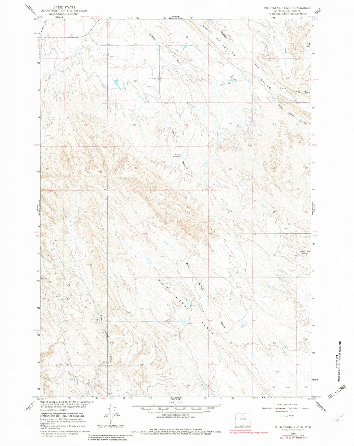 Classic USGS Wild Horse Flats Wyoming 7.5'x7.5' Topo Map Image