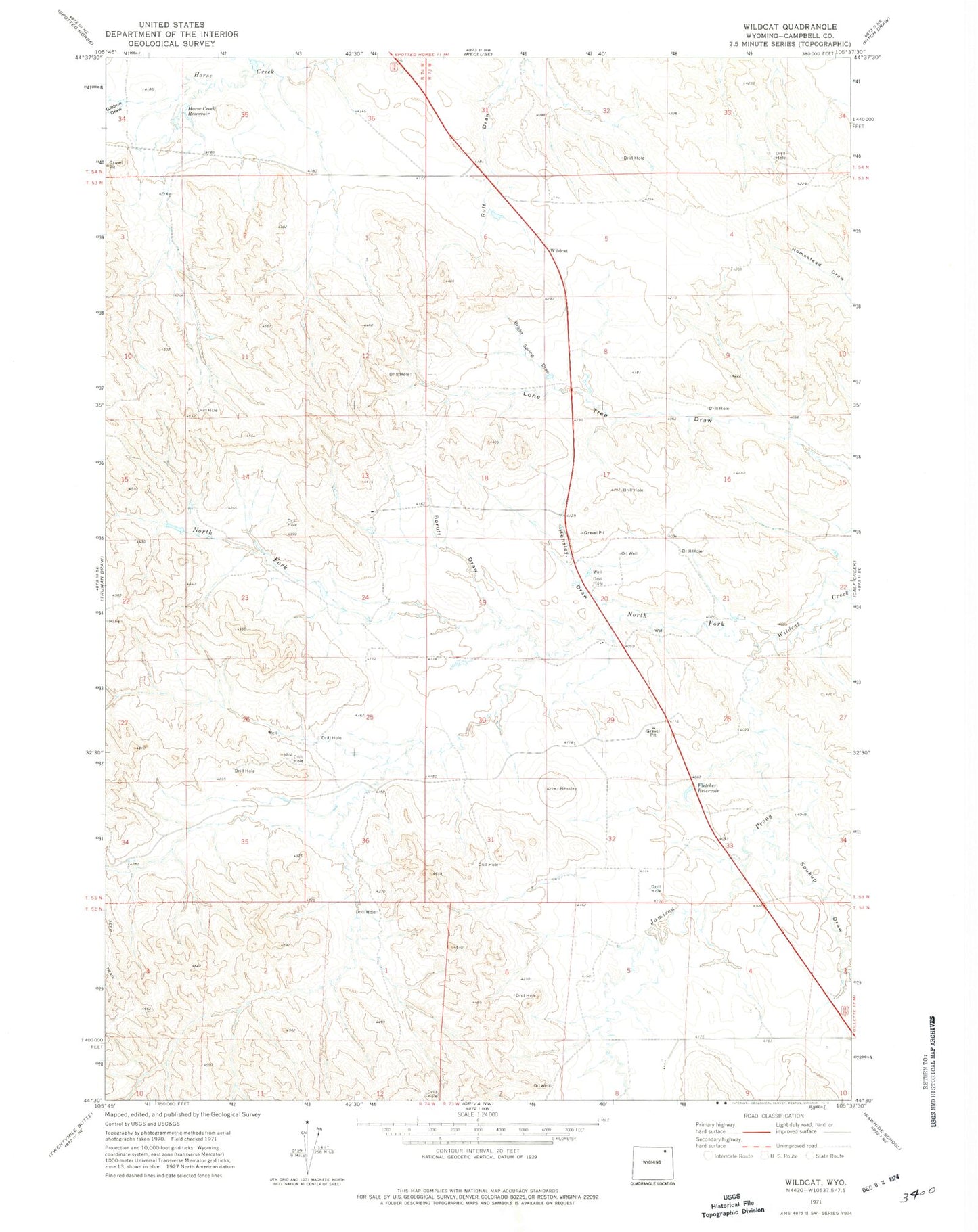 Classic USGS Wildcat Wyoming 7.5'x7.5' Topo Map Image