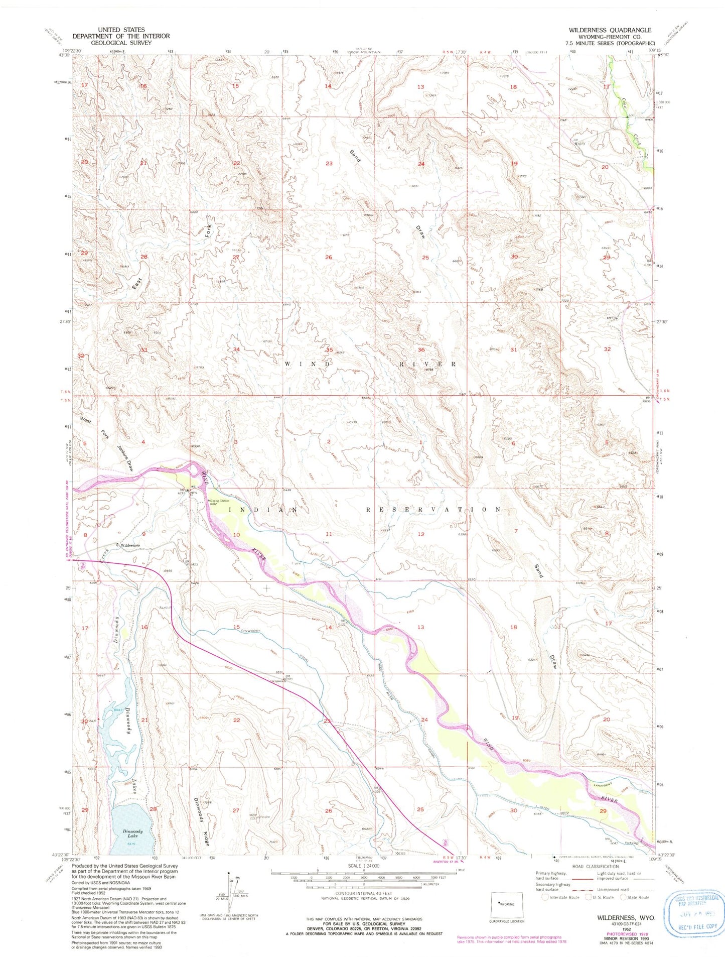 Classic USGS Wilderness Wyoming 7.5'x7.5' Topo Map Image