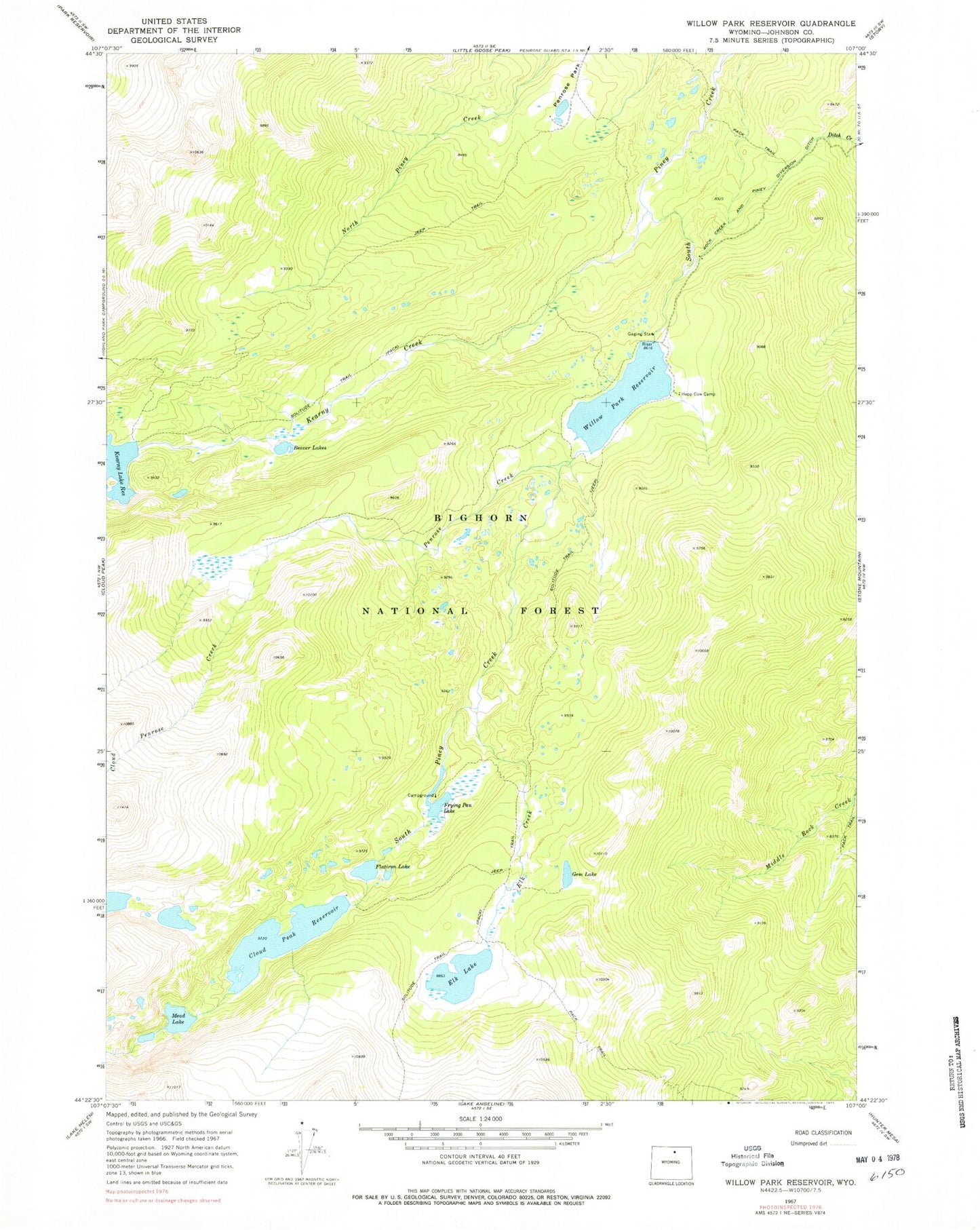 Classic USGS Willow Park Reservoir Wyoming 7.5'x7.5' Topo Map Image