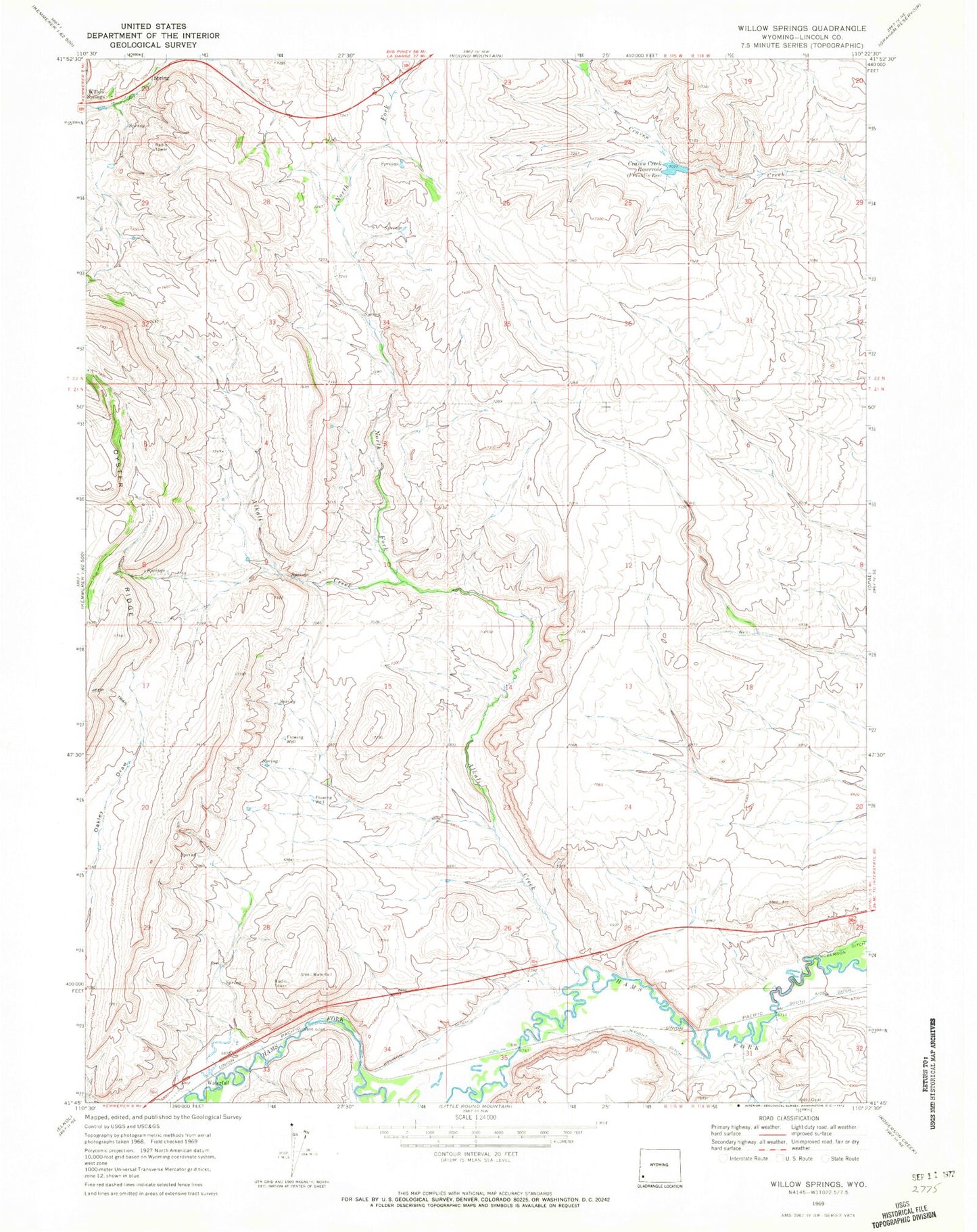 Classic USGS Willow Springs Wyoming 7.5'x7.5' Topo Map Image